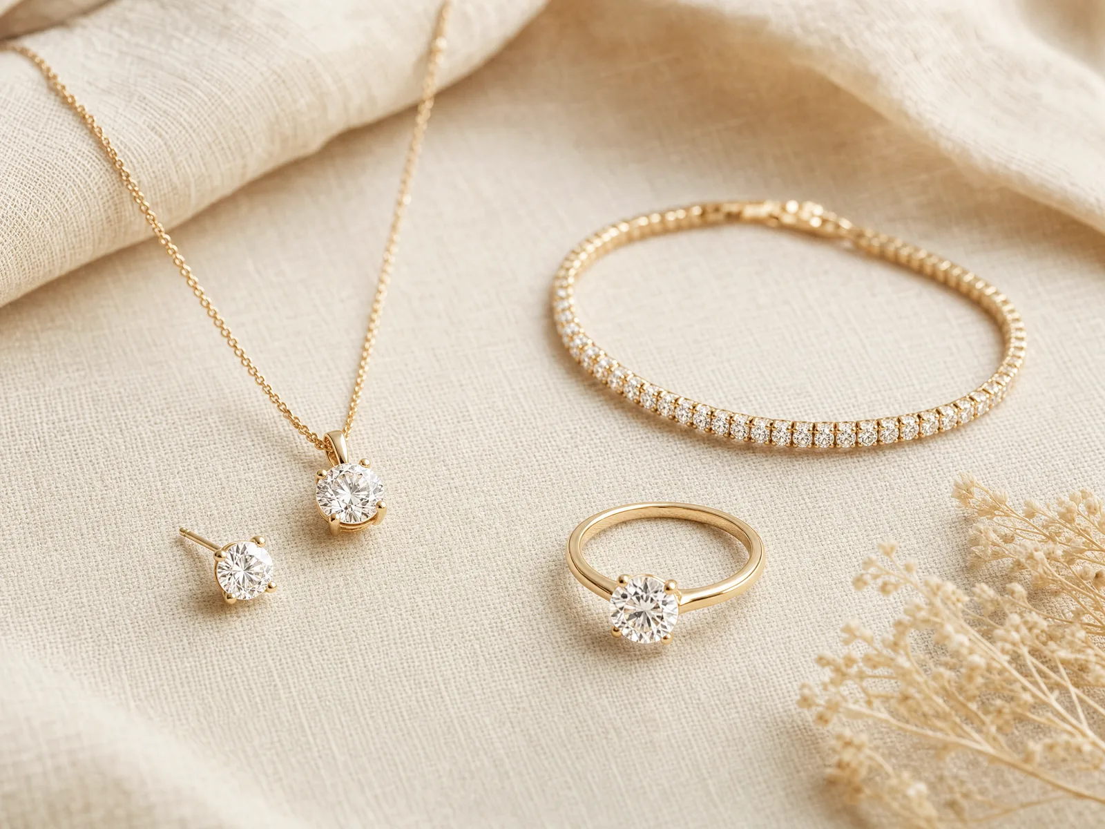 A diamond stud earring, a solitaire pendant, a tennis bracelet and a solitaire ring arranged together on cream silk, each holding roughly the same total carat weight in a different shape.