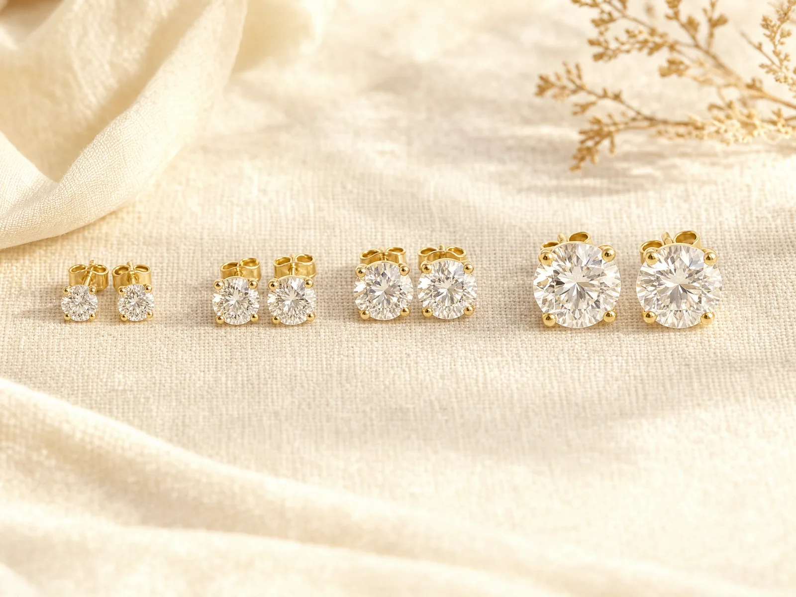Four pairs of diamond stud earrings in 0.5, 1, 2 and 3 carat total weight, arranged in a row to show how each pair's per-ear diamond grows in size.
