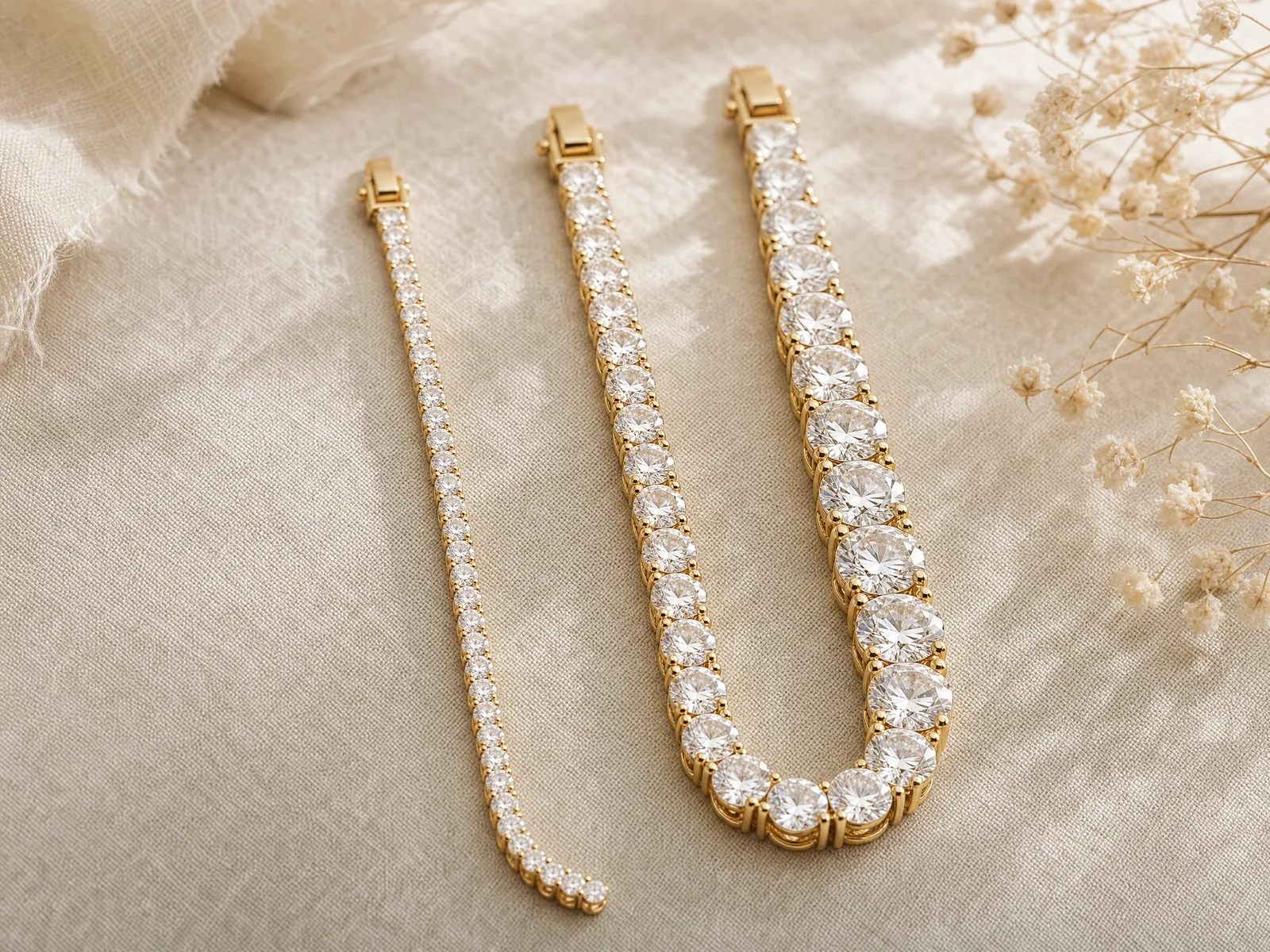 Three diamond tennis bracelets at 1, 5 and 10 carat total weight laid side by side, showing how a higher total carat weight is carried across more and larger individual stones rather than one larger diamond.