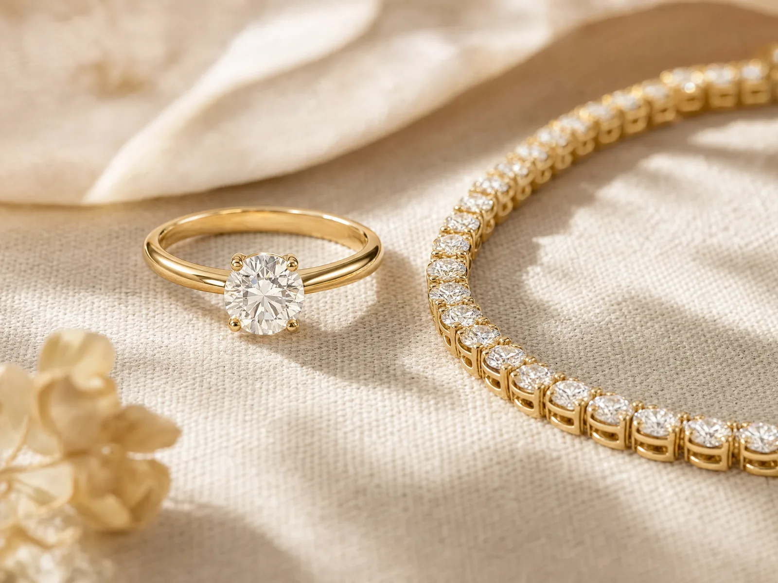 A one-carat solitaire ring next to a one-carat total weight tennis bracelet segment, illustrating that the ring's full carat weight sits in a single stone while the bracelet's is divided across many smaller diamonds.
