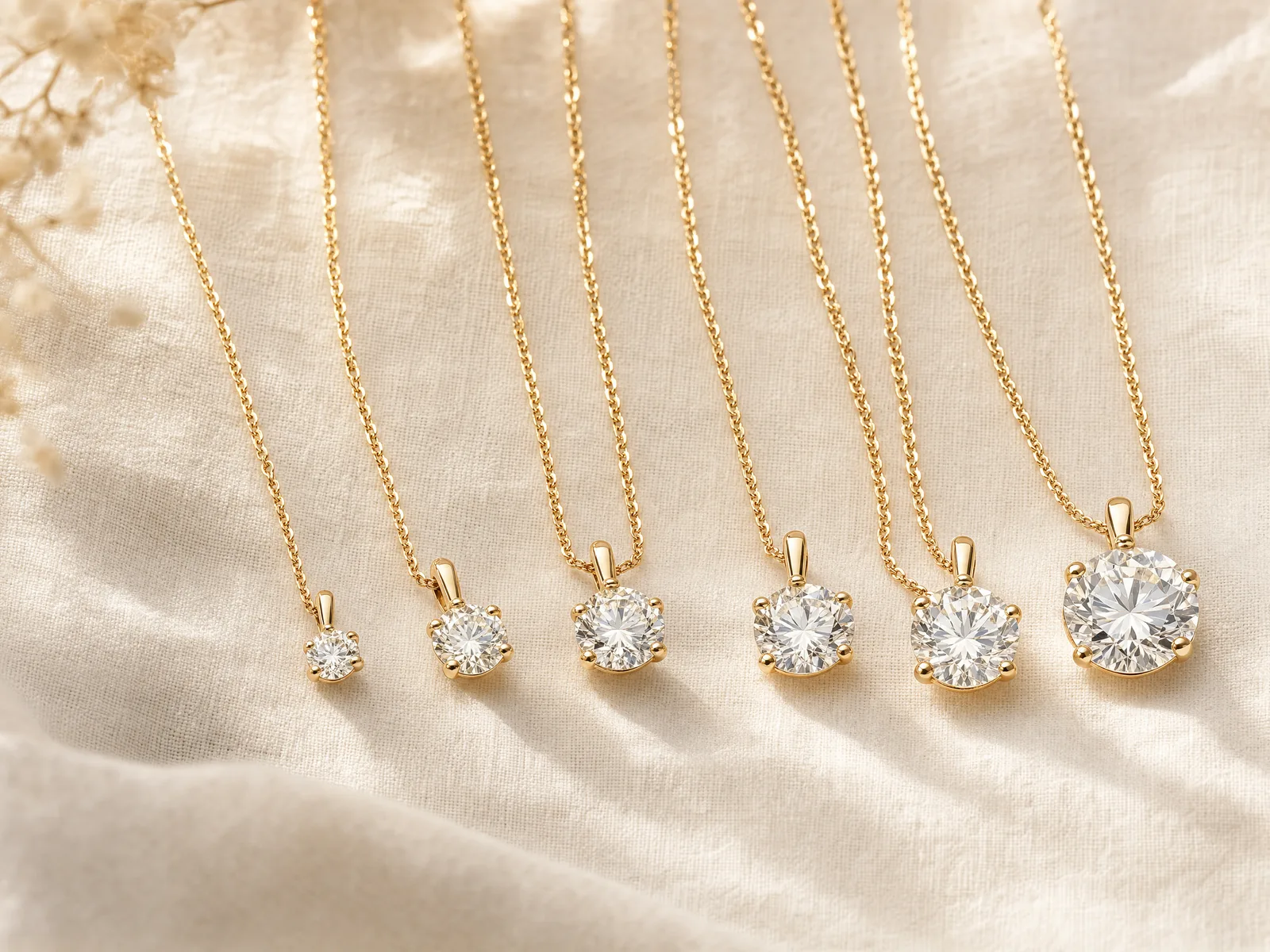 Five diamond solitaire pendants ranging from 0.10 to 3 carats laid in a row on woven cream linen, from a delicate starter piece up to a bold statement pendant.