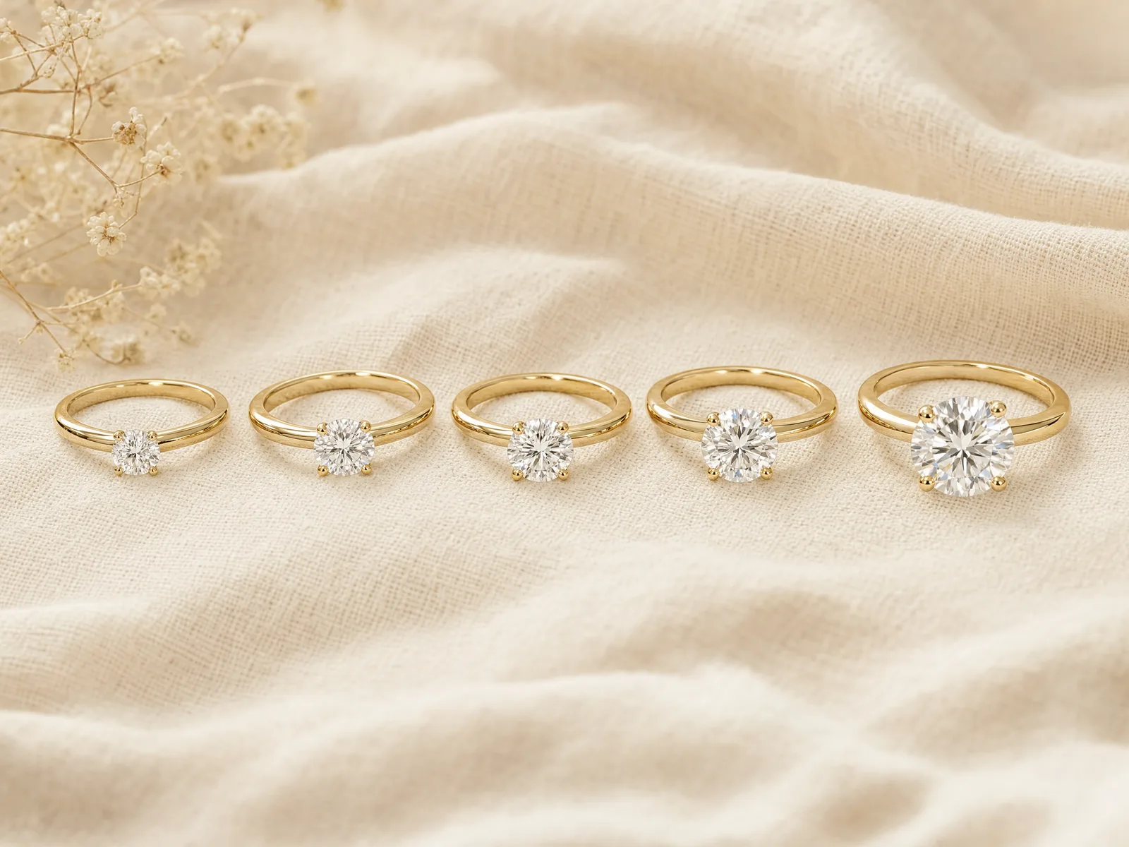 Five diamond solitaire rings from 1 to 5 carats arranged on woven cream linen, the same single center stone growing from an everyday size to a rare statement stone.