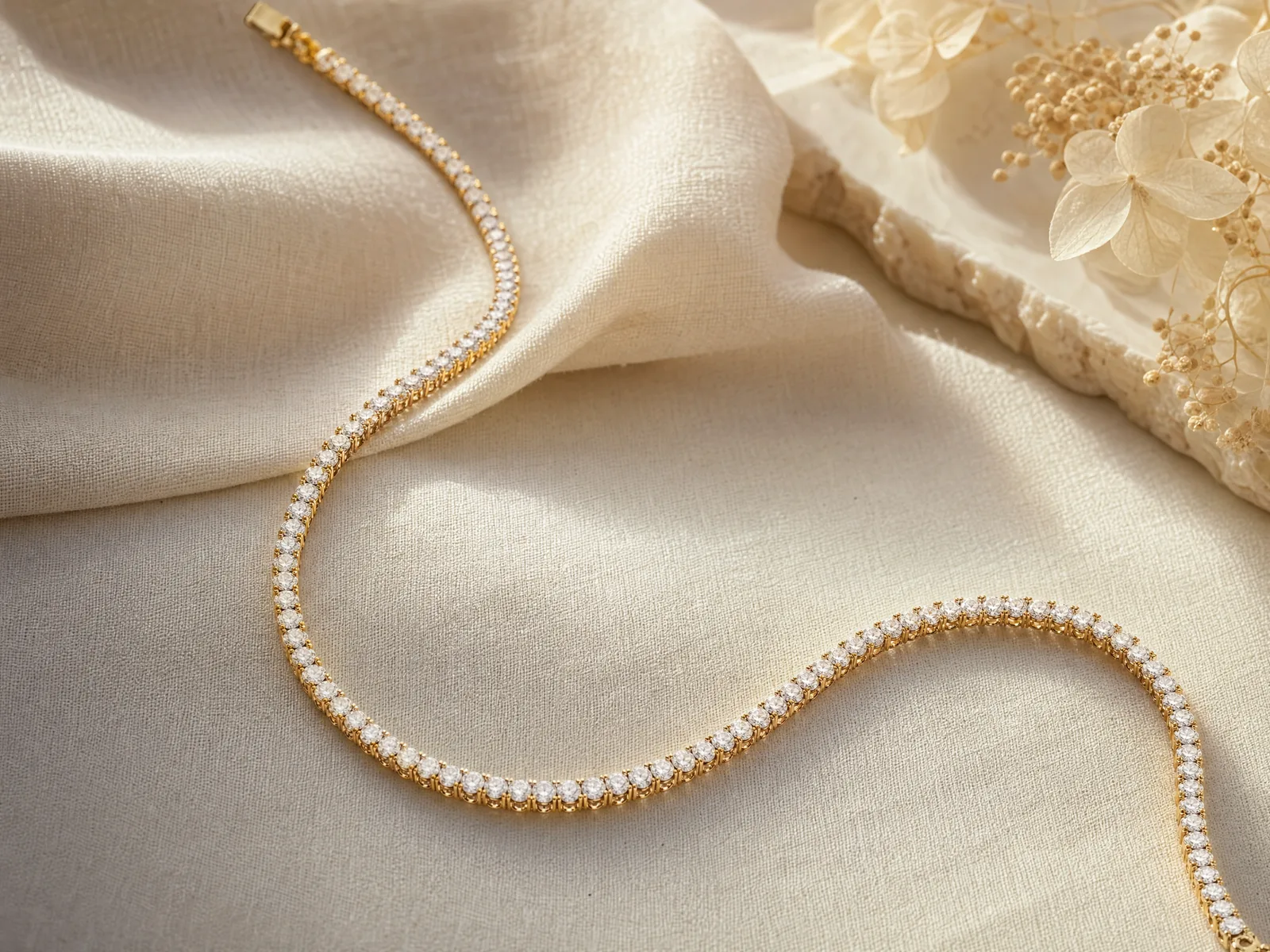 A diamond tennis necklace laid in a continuous curve on woven cream linen, its total carat weight carried across fifty or more small prong-set stones from clasp to center.