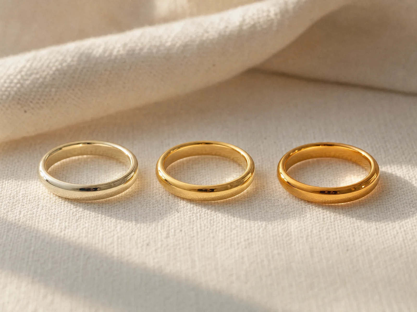 Three plain gold wedding bands in a row, stamped 10K, 14K and 18K, showing a gradual shift from pale to deep yellow gold.