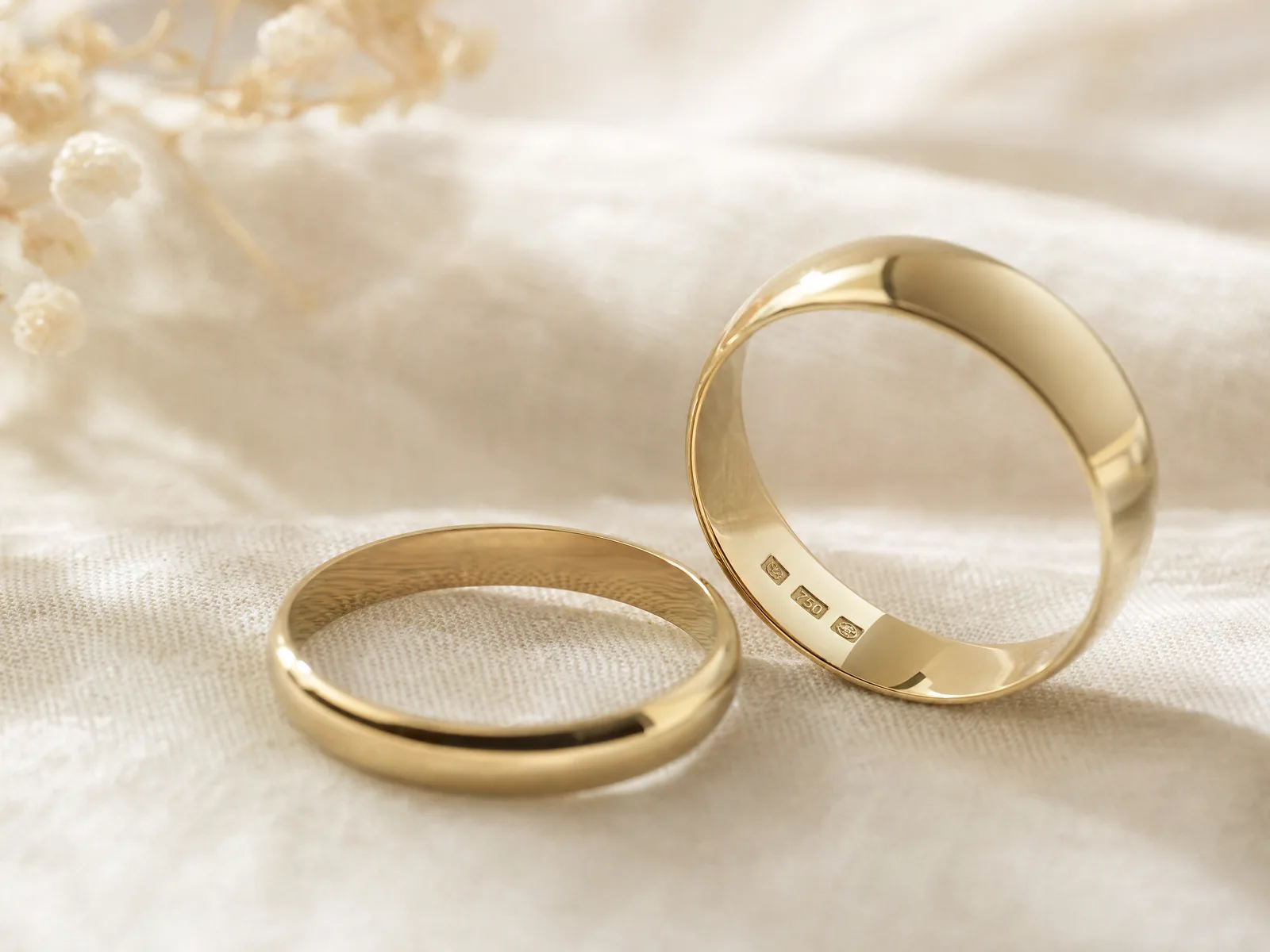 Two gold wedding bands on woven cream linen, one propped on its edge to show the karat stamp inside the band.