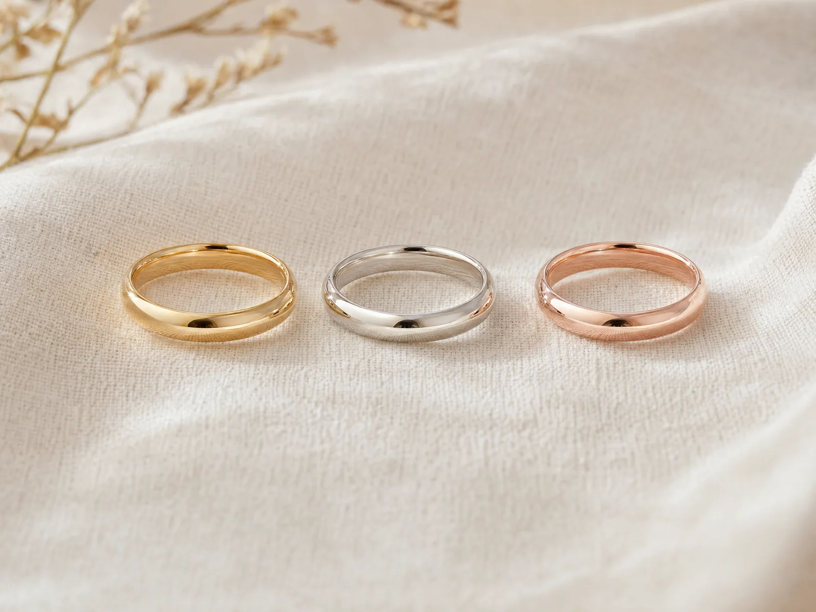 Three rings in yellow, white and rose gold, all stamped 14K, arranged on woven cream linen in soft daylight.