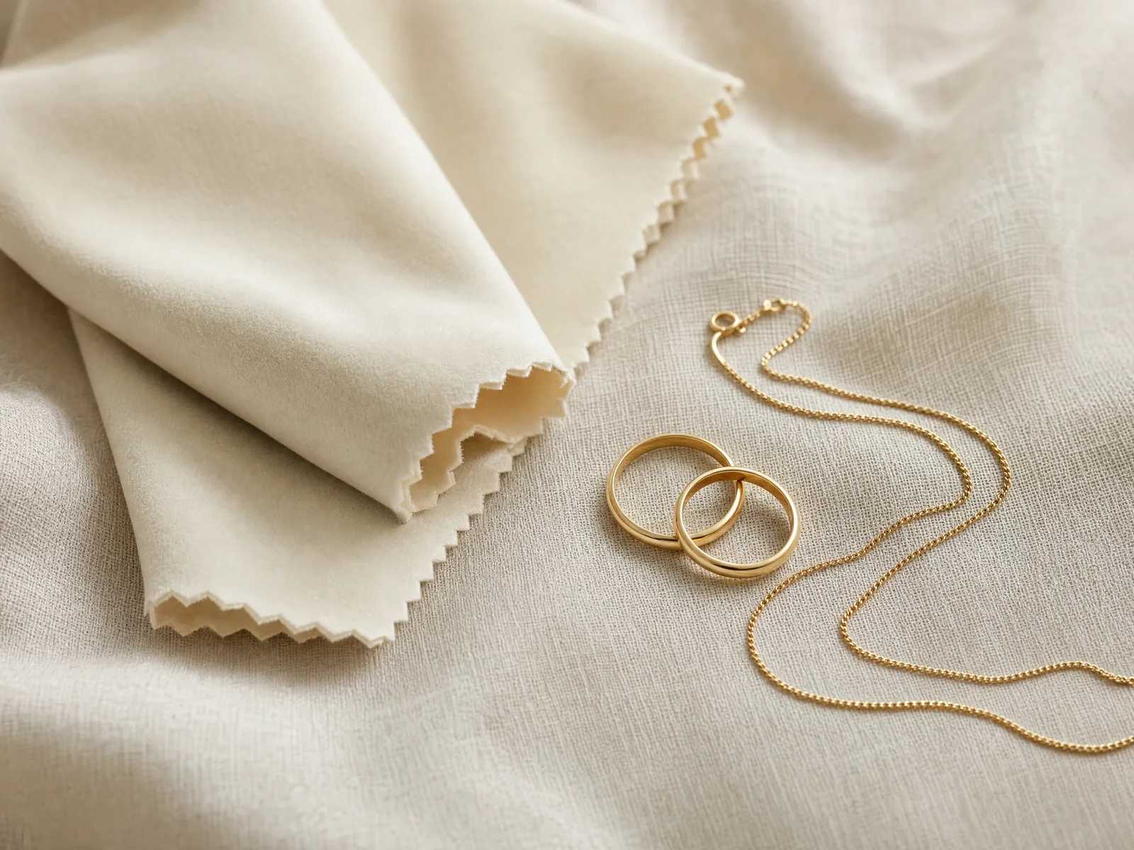 A soft polishing cloth beside gold rings and a chain resting on woven cream linen in soft daylight.