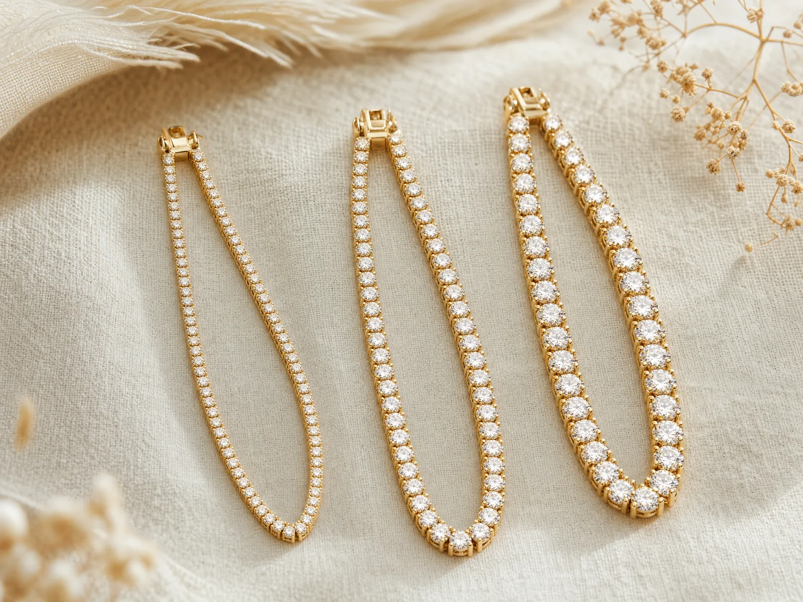 Three tennis bracelets set with diamonds, in increasing carat weight — 3ct, 5ct and 7ct — laid side by side on a woven cream linen surface, showing how the line thickens from a 10th-anniversary to a 25th-anniversary weight.