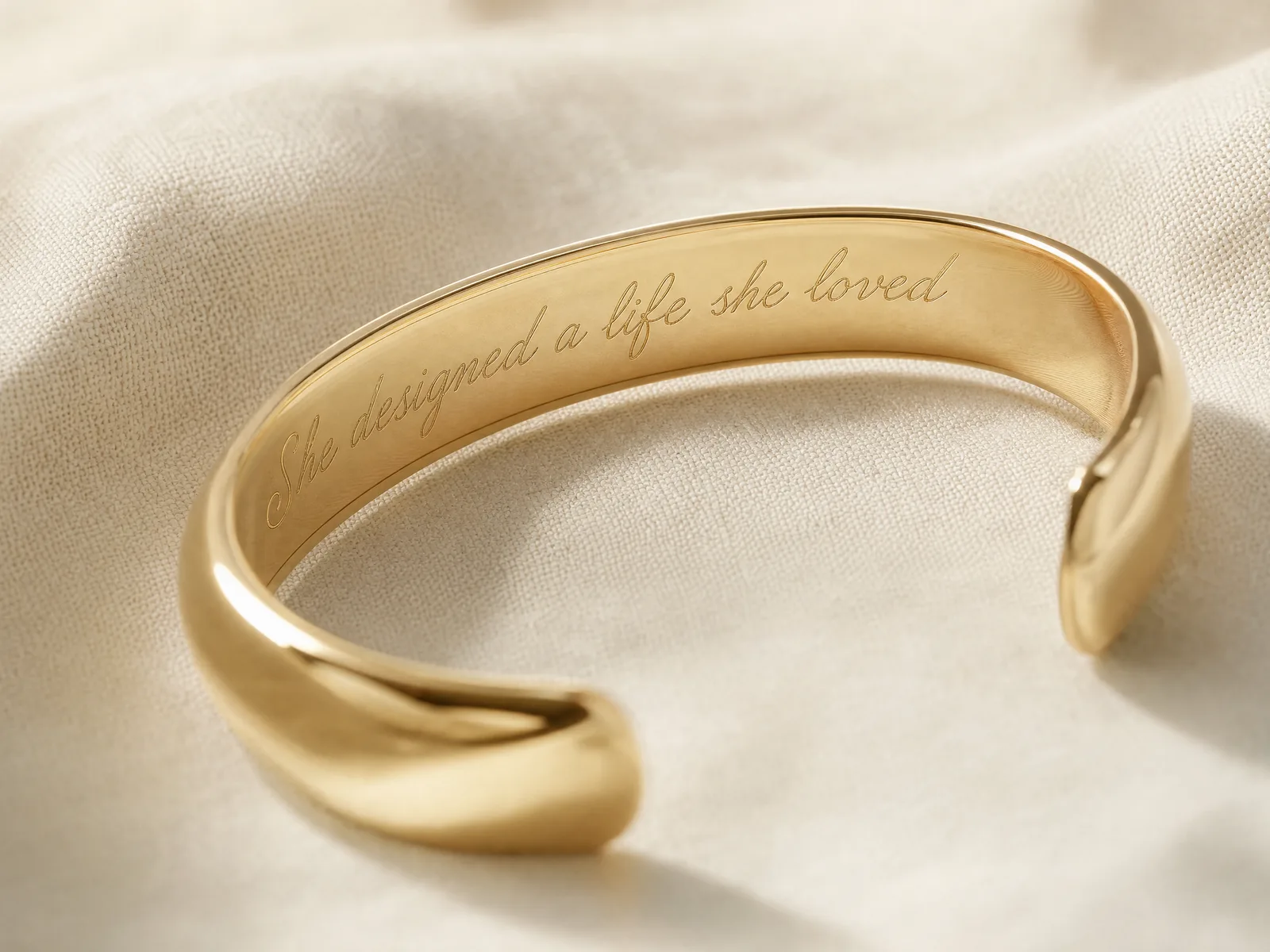 A wide polished gold cuff bracelet turned to show a hand-engraved anniversary date on the inside of the band, demonstrating the engraving most graduation and retirement cuffs carry.