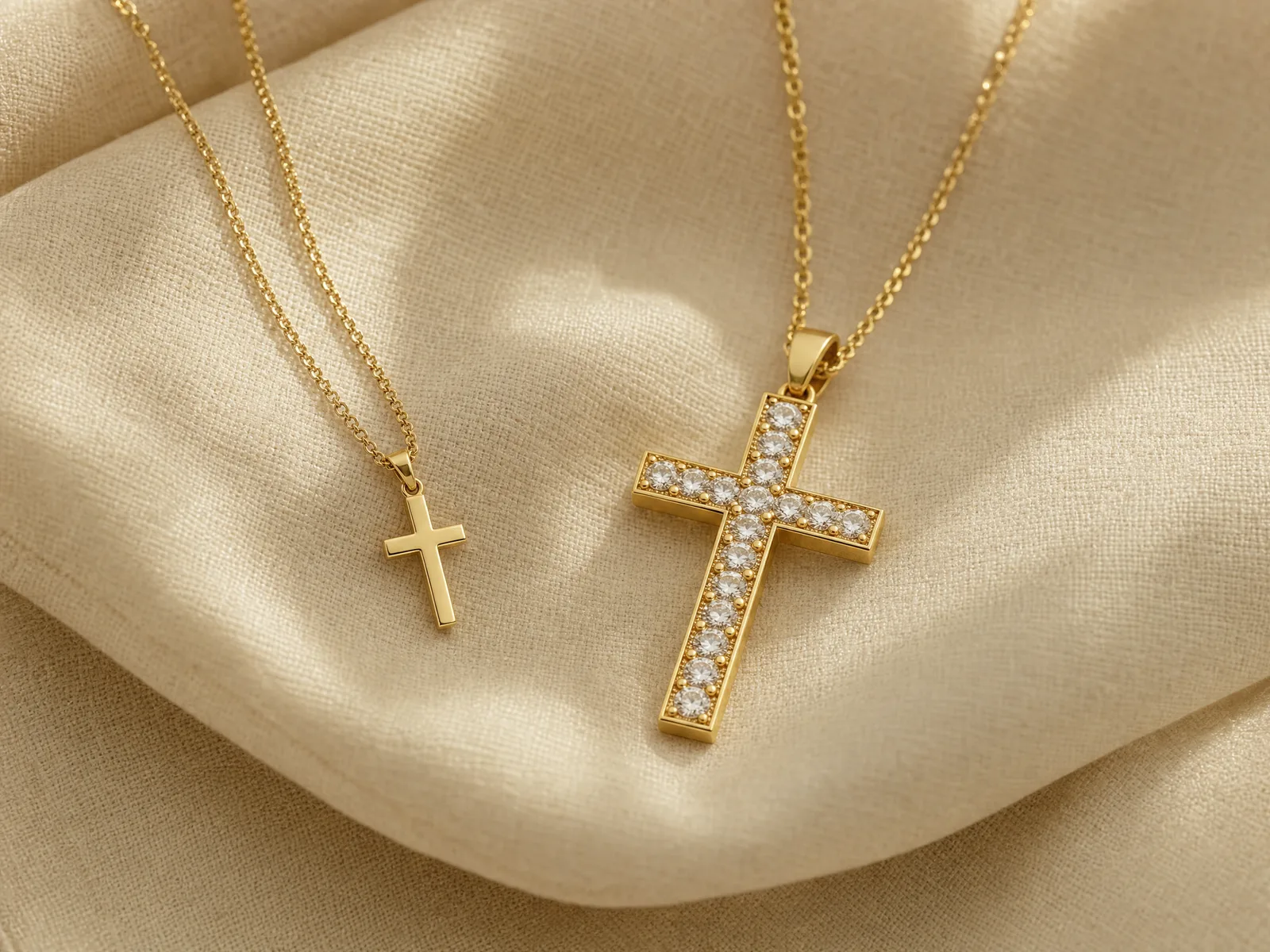 A small plain cross pendant on a short chain beside a larger diamond-set cross pendant on a longer chain, showing the size step between a baptism gift for a child and a confirmation gift for an adult.