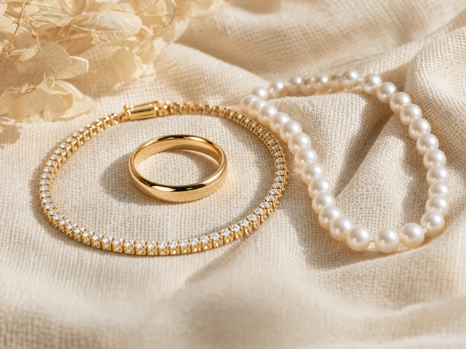 A plain gold wedding band, a tennis bracelet set with diamonds, and a strand of pearls arranged together on woven cream linen, spanning the 1st, 10th, and 30th anniversary gifts on the traditional calendar.