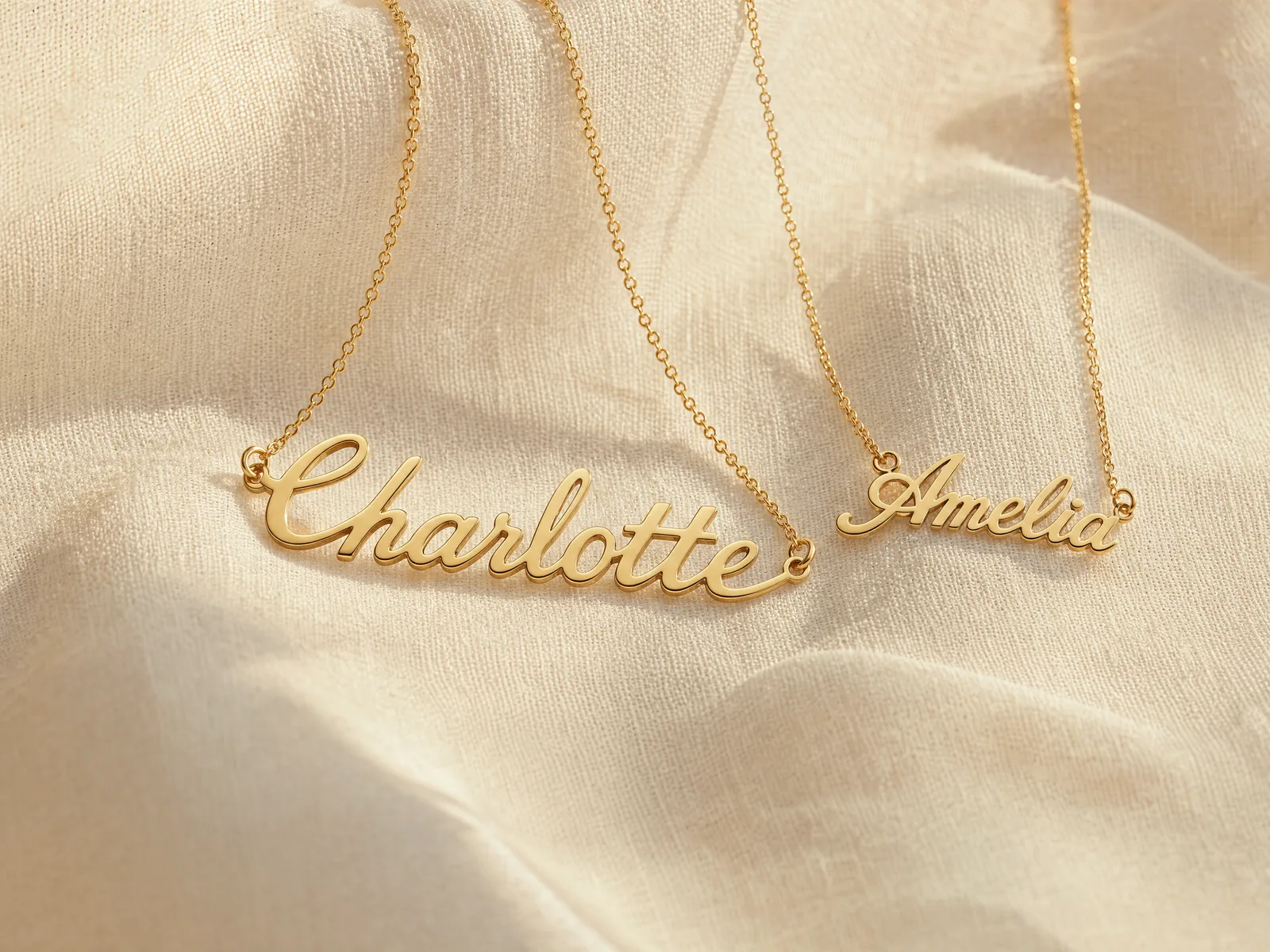 A 'Mama' nameplate necklace in script font laid flat on woven cream linen beside a smaller kids' name necklace.