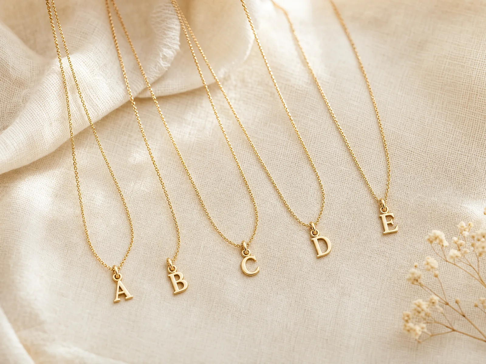 Five delicate gold necklaces, each with a different personalized initial, laid out together on woven cream linen for a bridesmaid jewelry set.