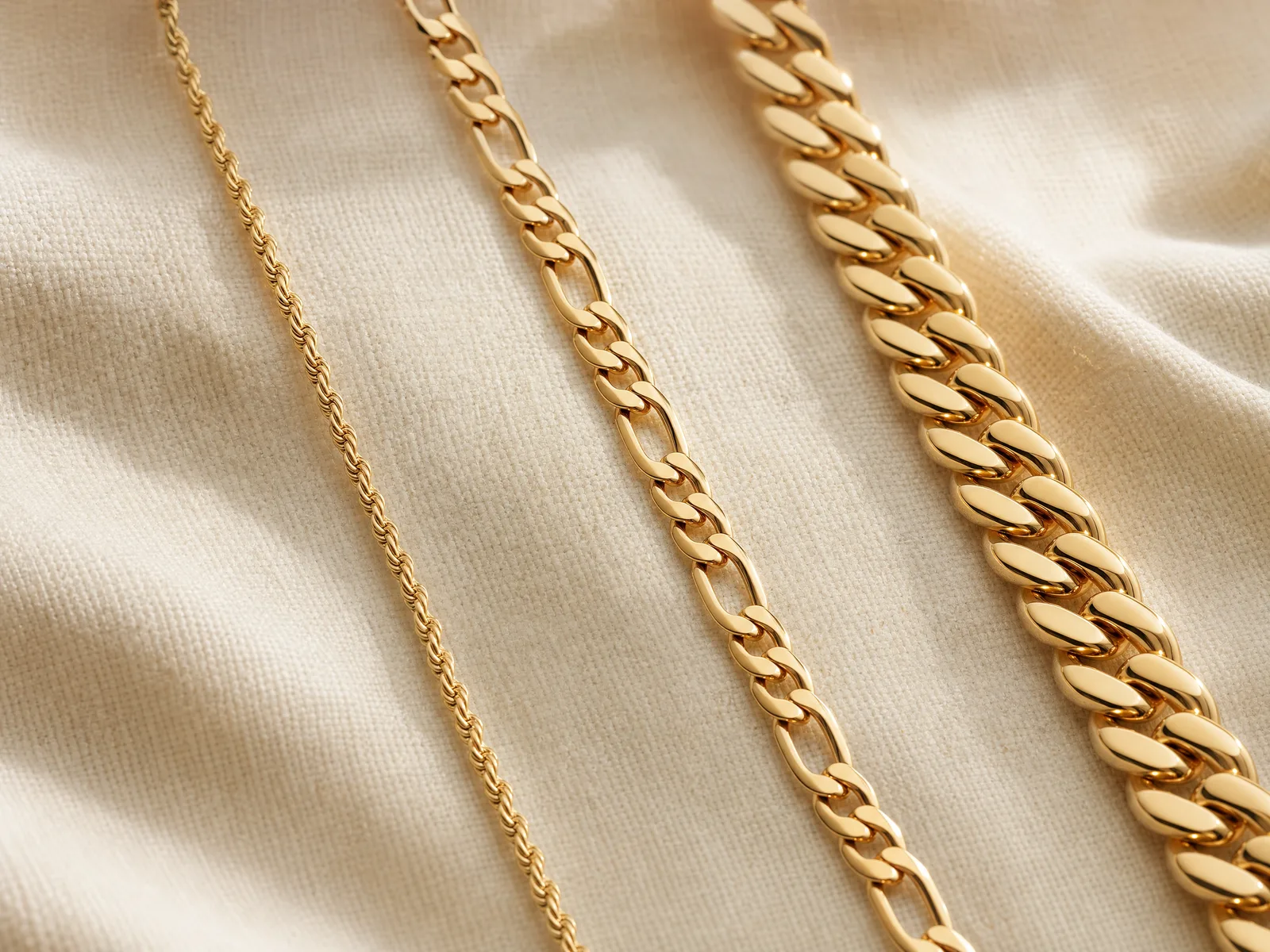 Three men's gold chains of different gauges — a thin rope chain, a mid-weight figaro chain, and a heavy Cuban link chain — side by side on a woven cream linen surface