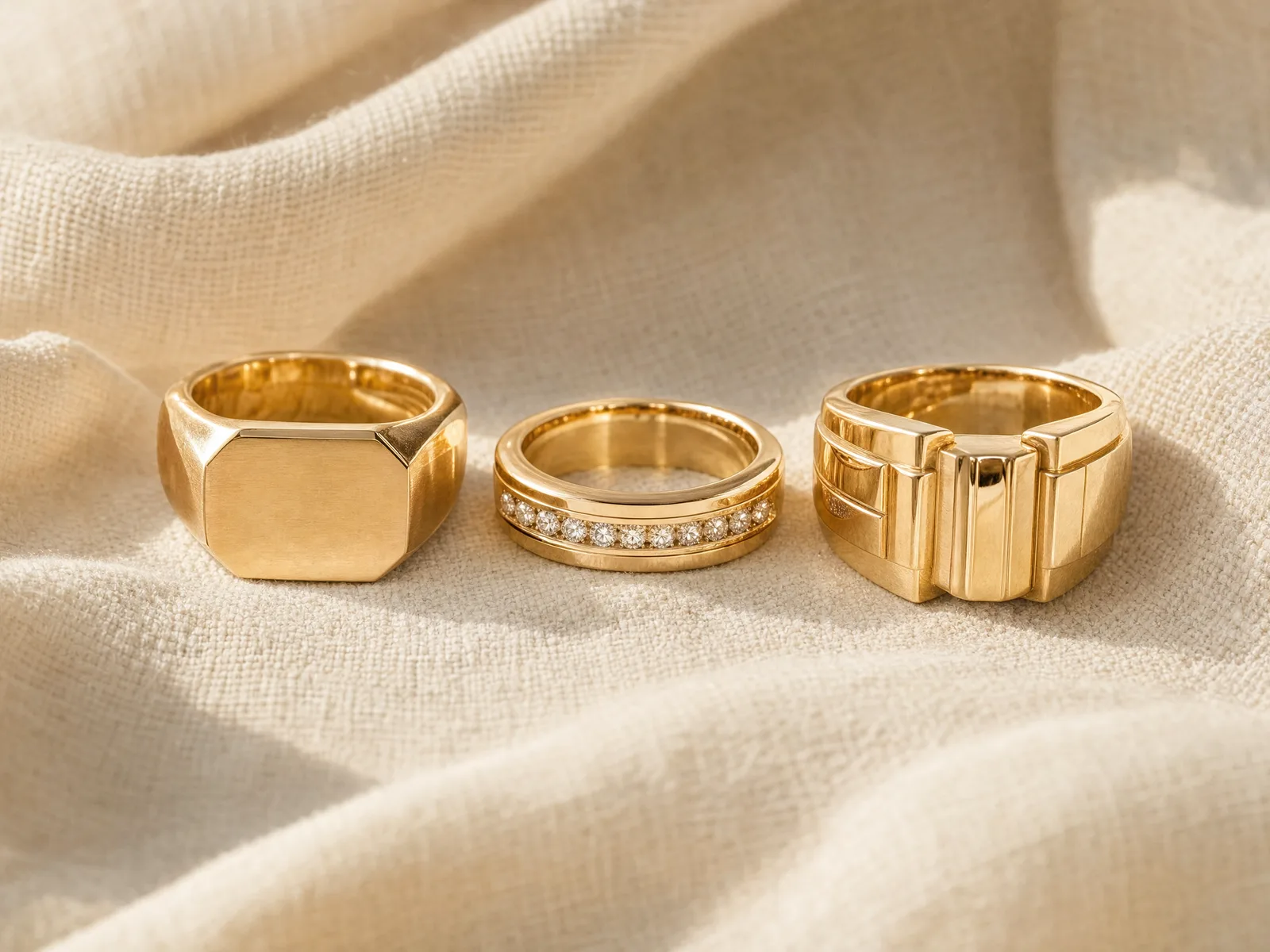 Three men's gold rings side by side on a woven cream linen surface — a flat-faced signet ring, a pavé diamond band, and a wide statement ring