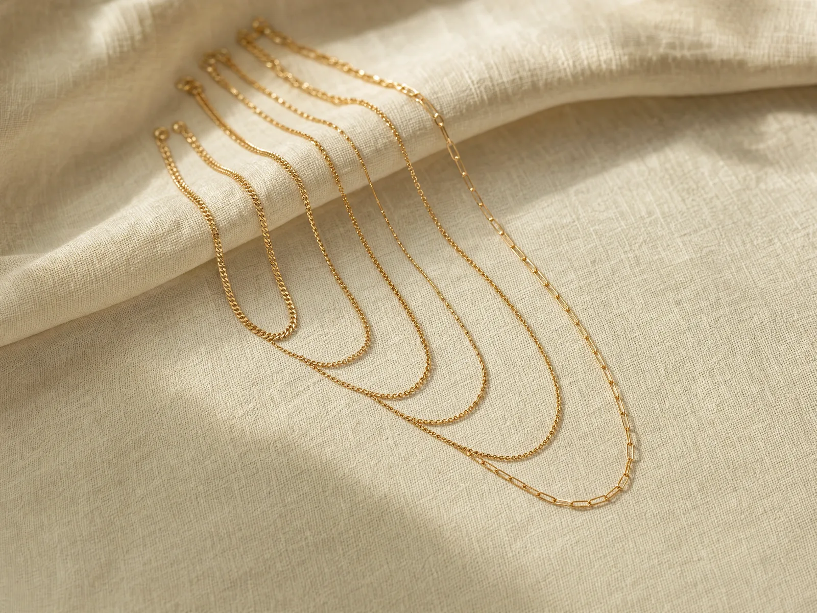 A fan of six gold necklace chains laid out at graduating lengths, from a 14-inch collar to a 30-inch sautoir, on a woven cream linen surface in soft daylight.