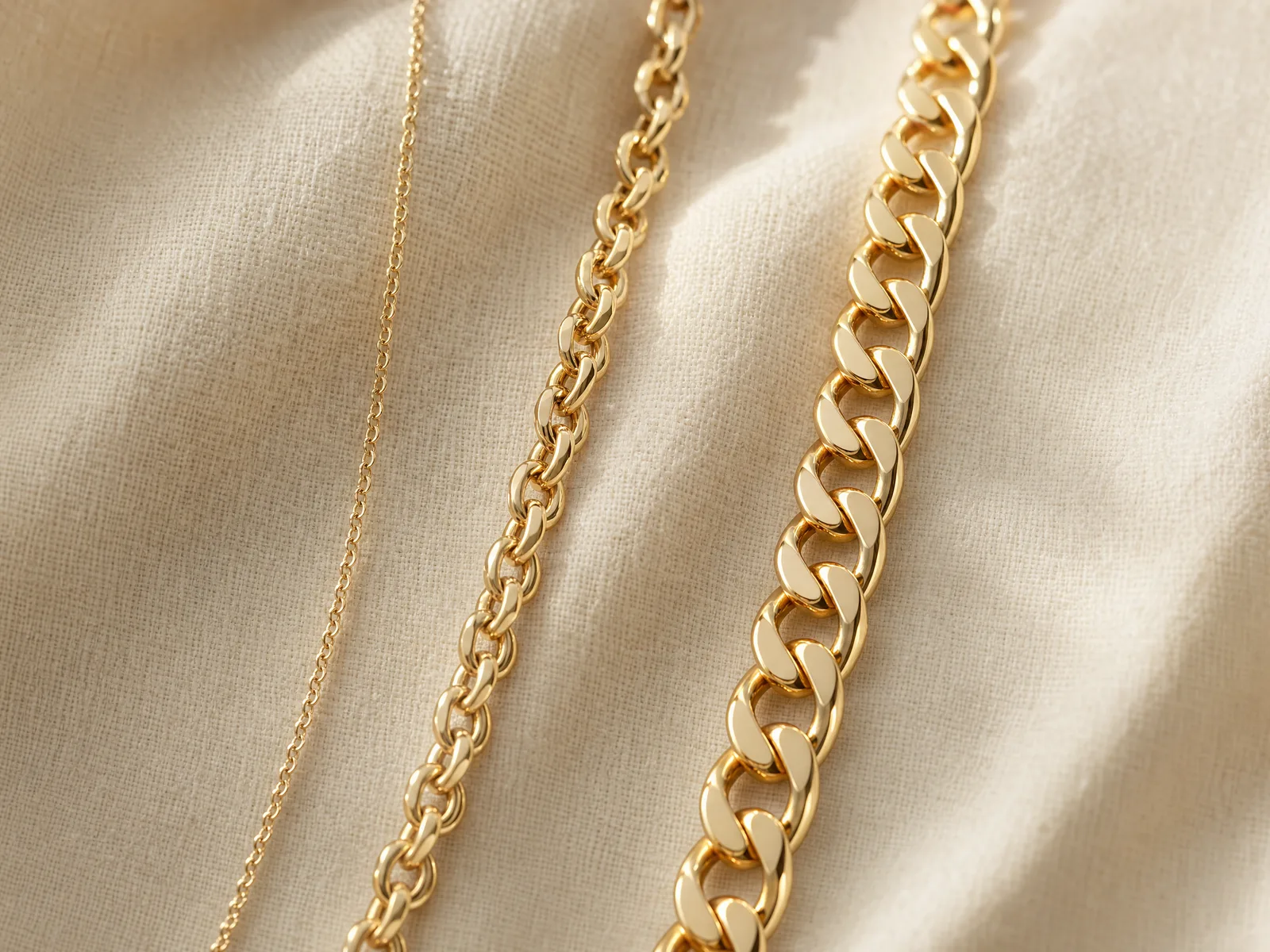 Three gold chains of increasing thickness — a fine 1.5mm cable, a 4mm chain and a 10mm Miami Cuban link — laid in a row on a woven cream linen surface in soft daylight.