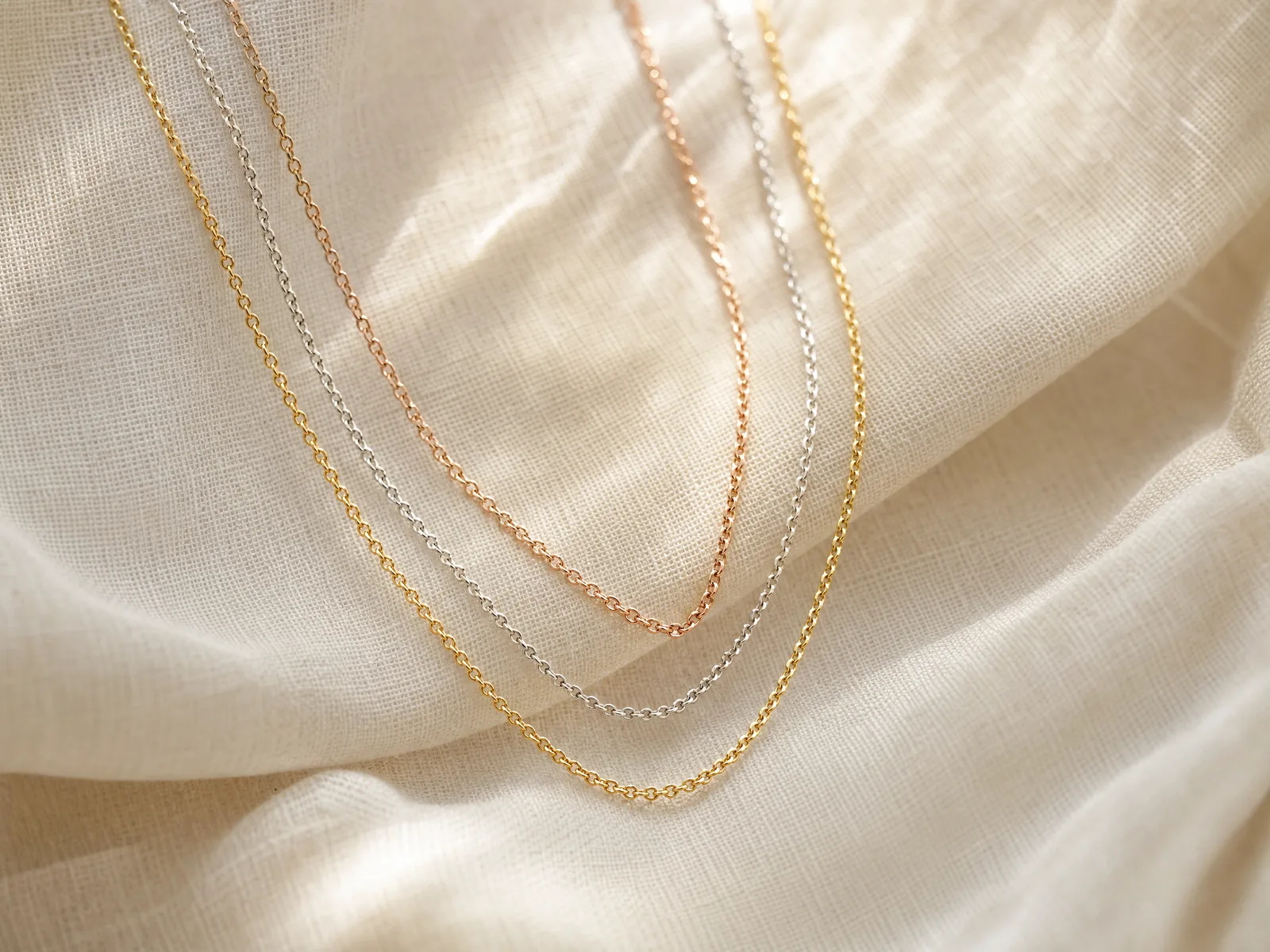 A layered set of yellow, white and rose gold chains arranged together on a woven cream linen surface in soft daylight, showing three metal families side by side.