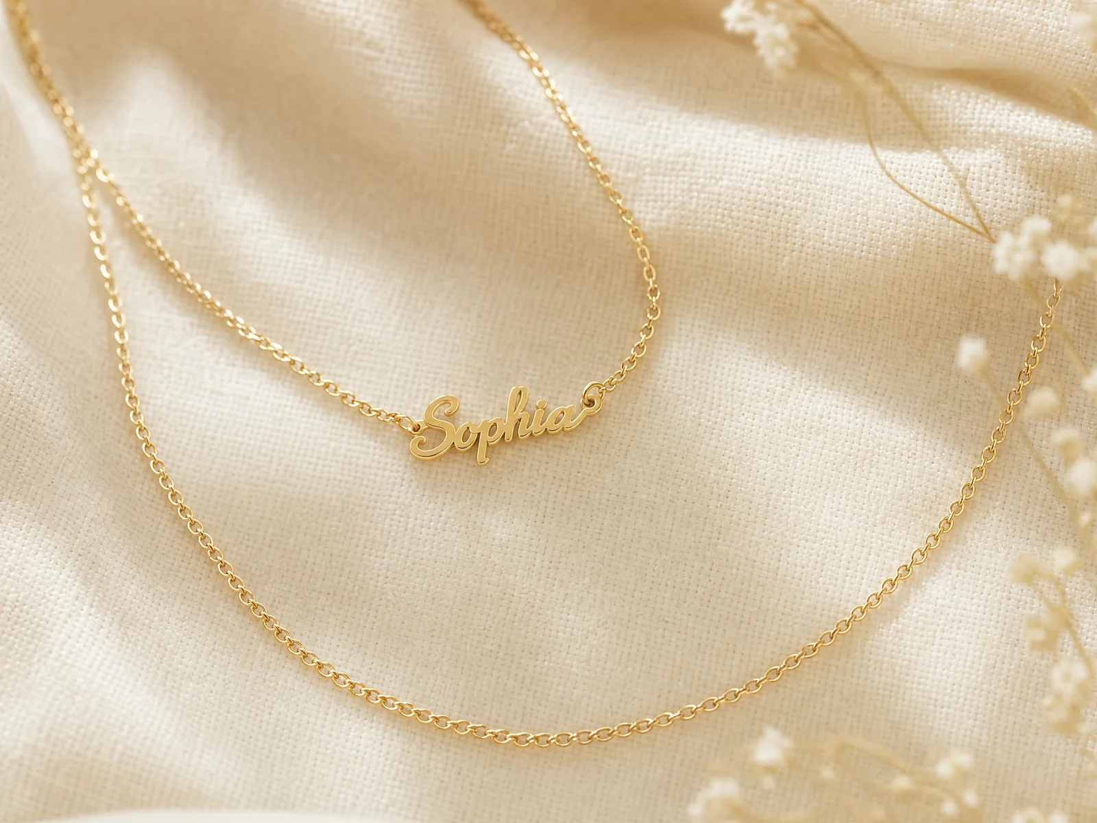 A named pendant on an 18-inch chain next to a plain 22-inch chain with no pendant, laid on a woven cream linen surface in soft daylight, showing how a pendant shortens the flattering length.