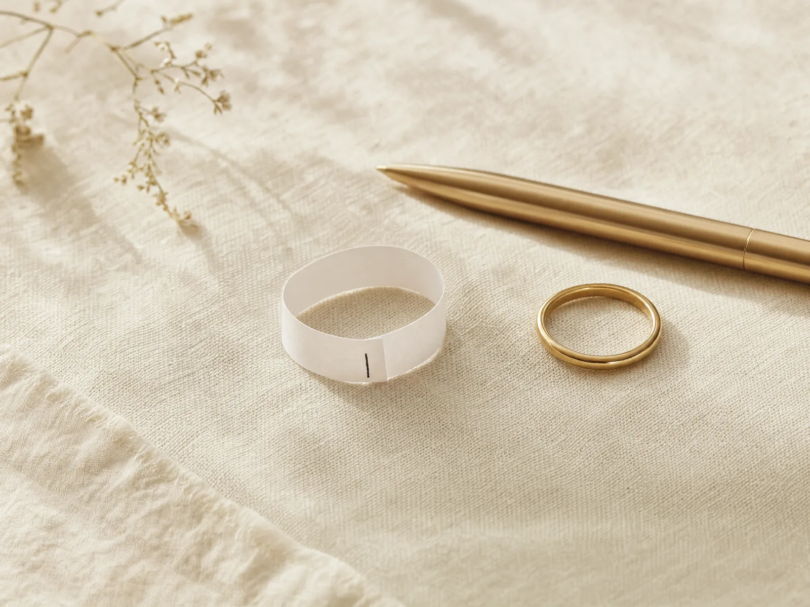 A strip of white paper curled into a closed ring-sized loop, marked with pen where the ends overlap, beside a pen and a plain gold ring on woven cream linen.