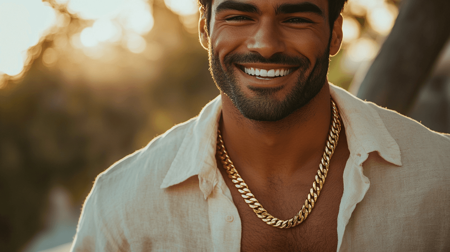 Man wearing gold chain necklace