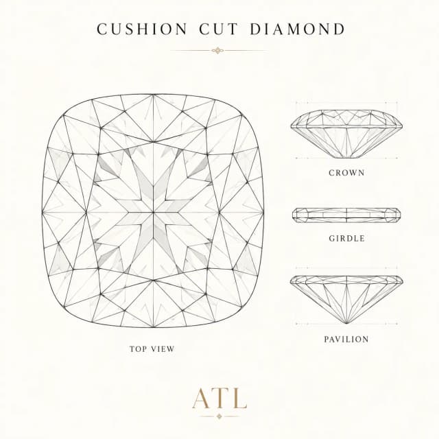 Cushion cut diamond facet diagram showing 58–64 facets and pillow-shaped outline with rounded corners