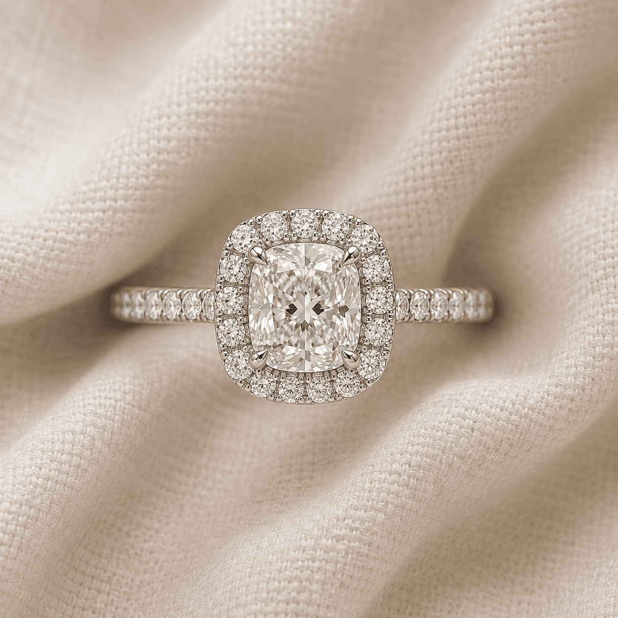 Cushion cut halo engagement ring with pavé diamond halo surrounding the center stone