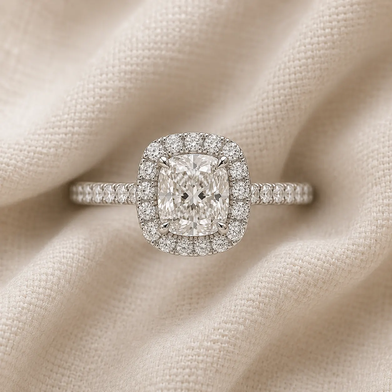 Cushion cut halo engagement ring with pavé diamond halo surrounding the center stone