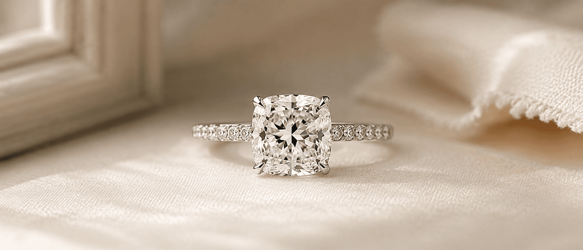 Cushion cut diamond engagement ring with pavé band, handcrafted at ATL Luxury Jewelers in Atlanta