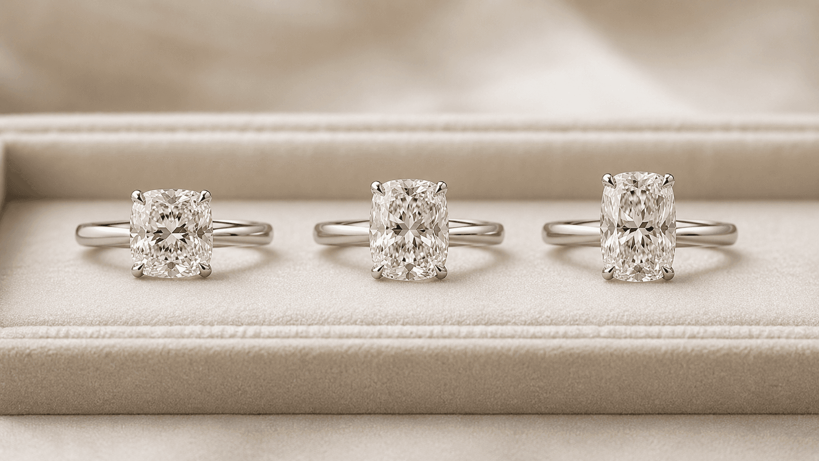 Three cushion cut diamond rings shown side-by-side with varying length-to-width ratios — square cushion, slightly elongated, and elongated