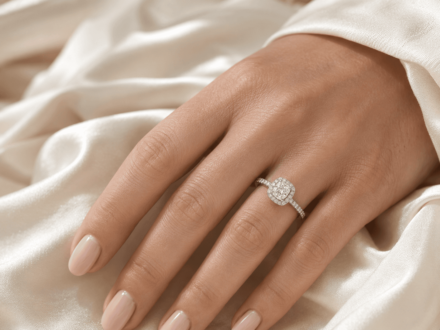 Cushion cut diamond engagement ring on a woman's hand resting on cream silk