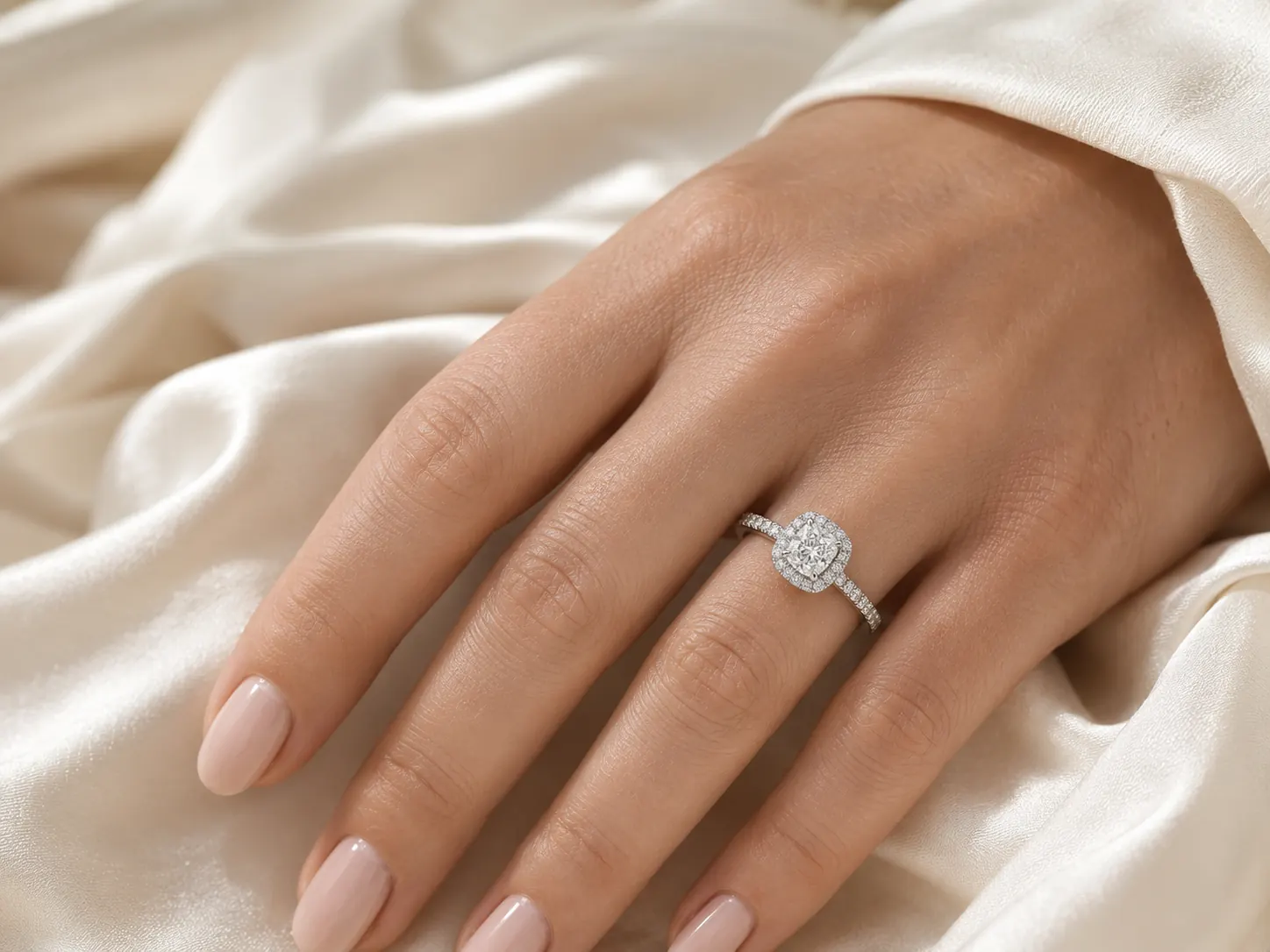 Cushion cut diamond engagement ring on a woman's hand resting on cream silk