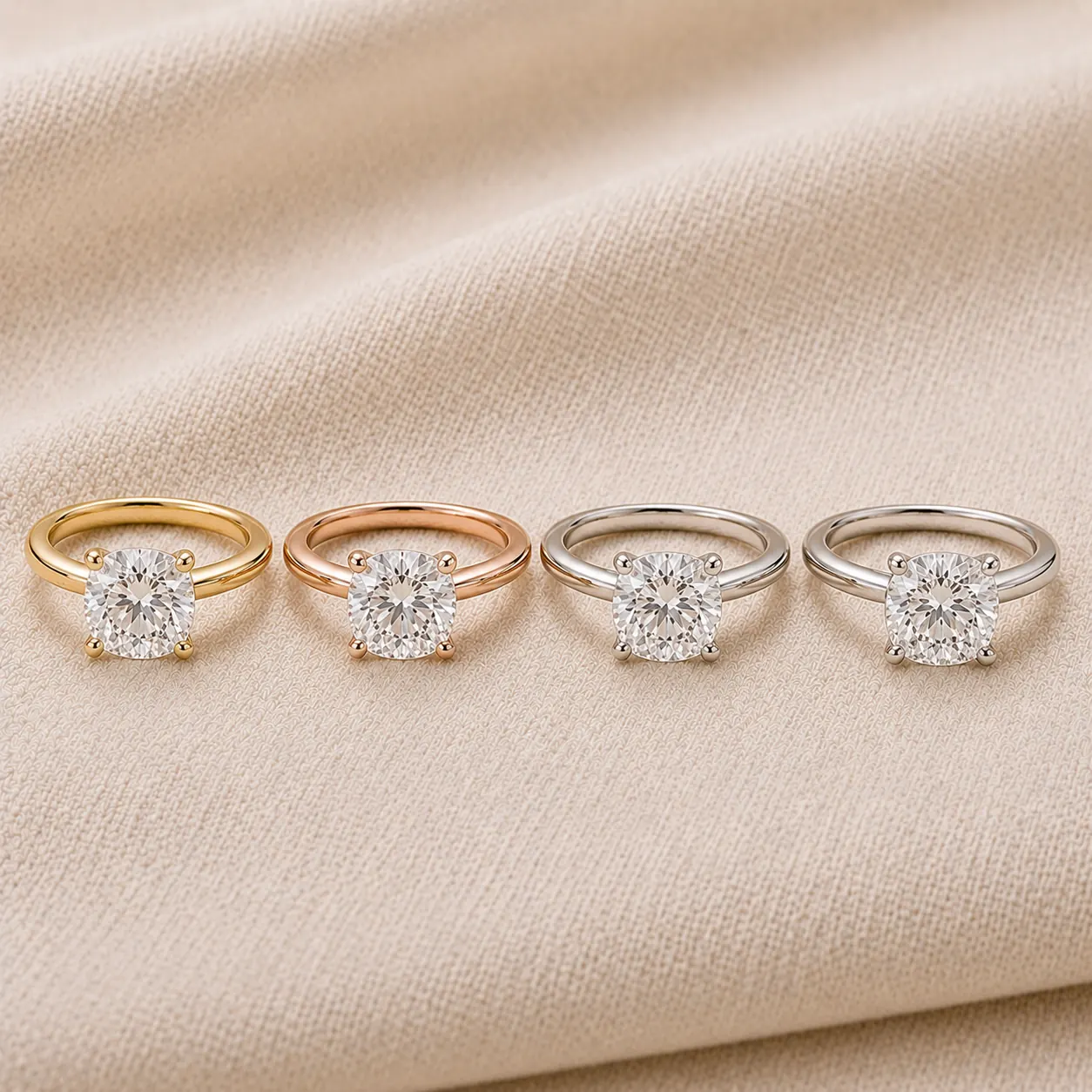 Cushion engagement rings in white gold, yellow gold, rose gold, and platinum at ATL Luxury Jewelry Atlanta