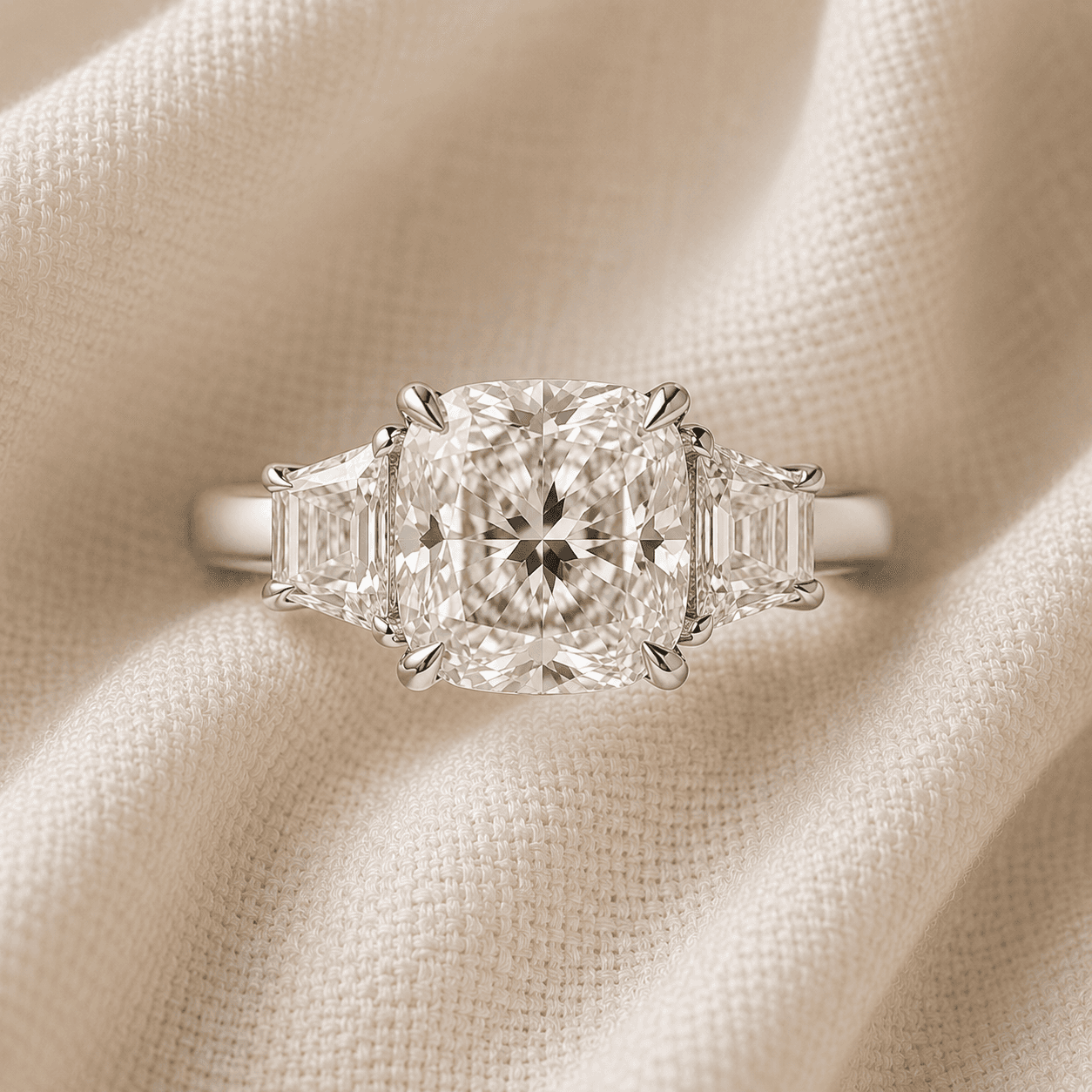 Cushion cut three stone engagement ring