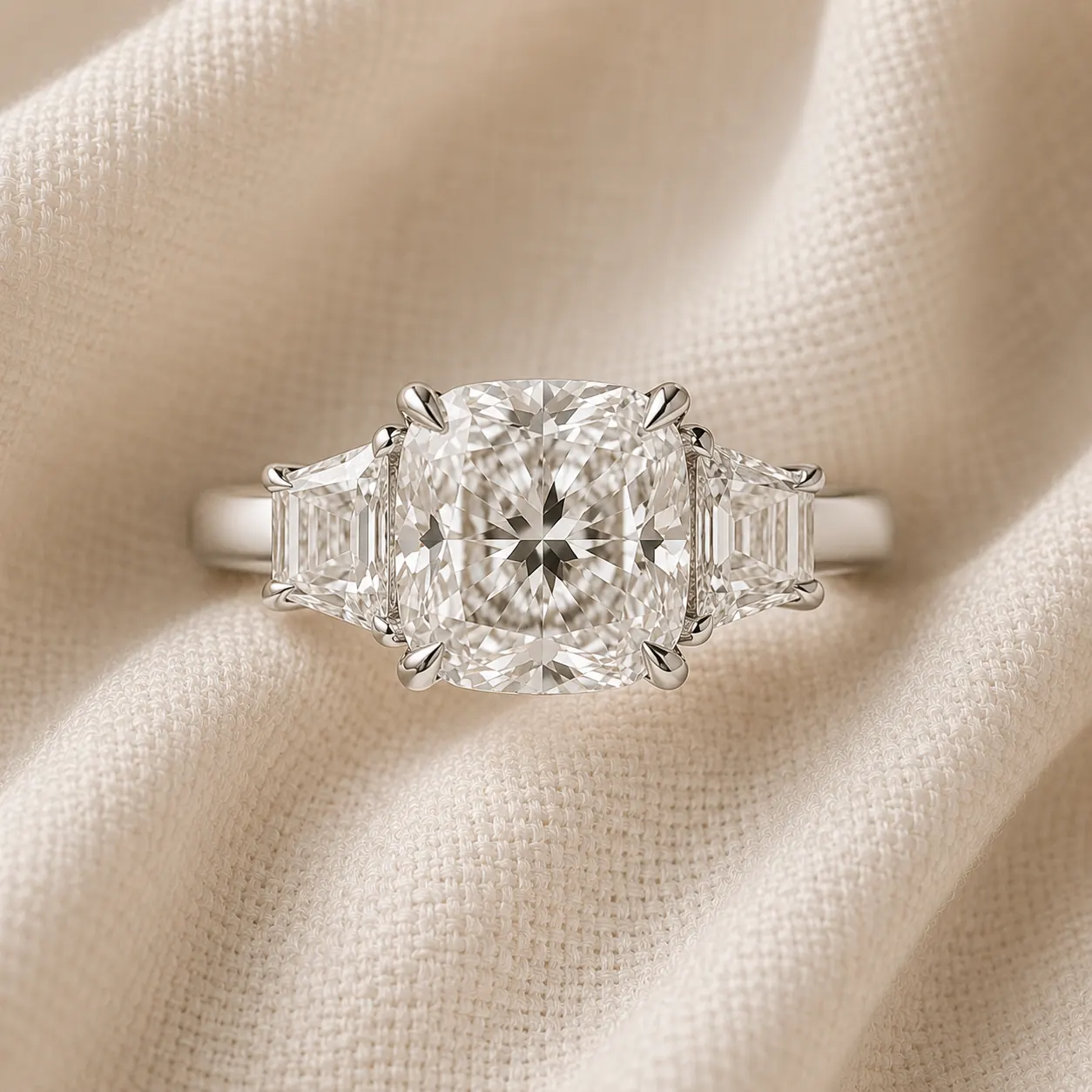 Cushion cut three stone engagement ring