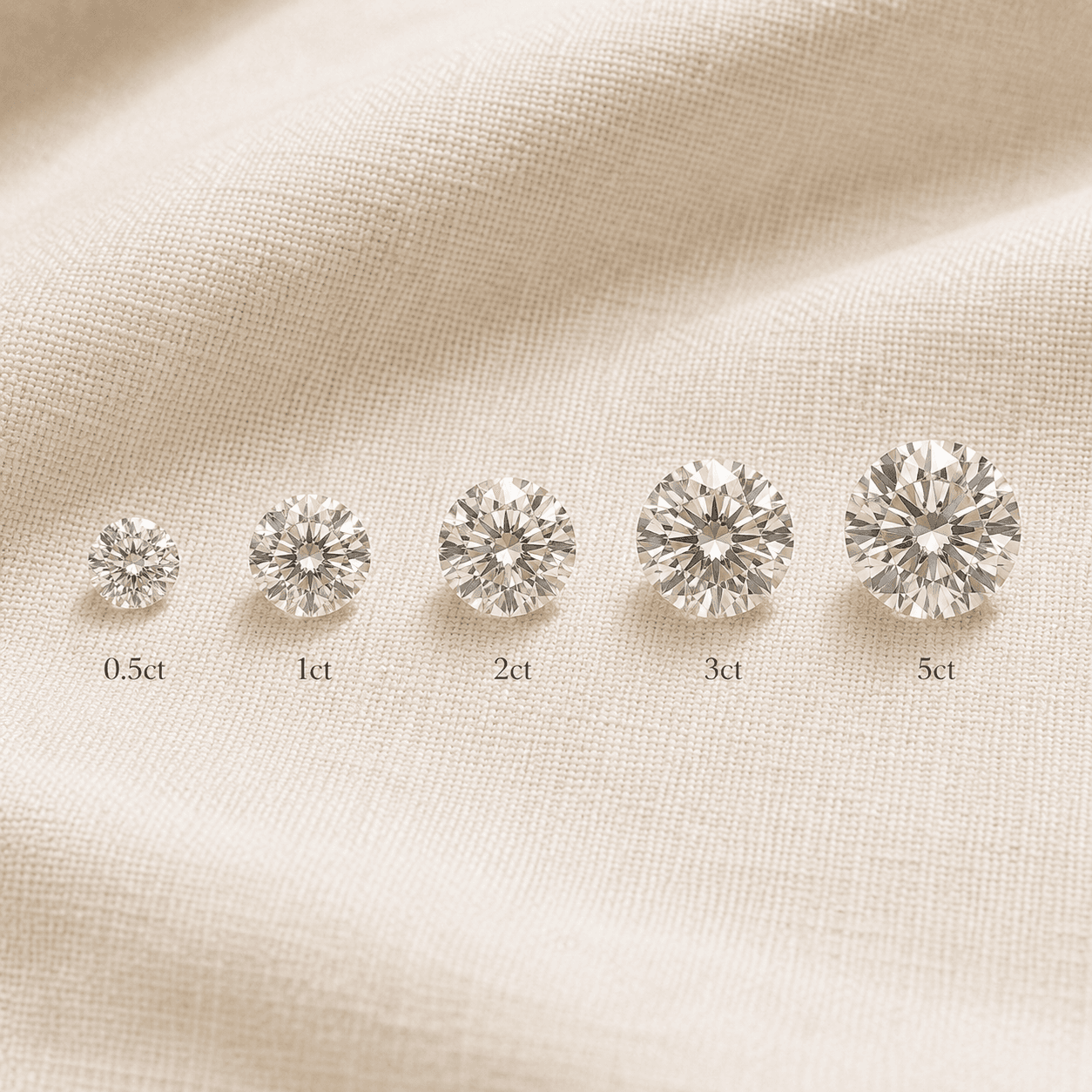Diamonds shown at 1, 2, 3, 4, and 5 carat sizes for visual comparison at ATL Luxury Jewelers Atlanta
