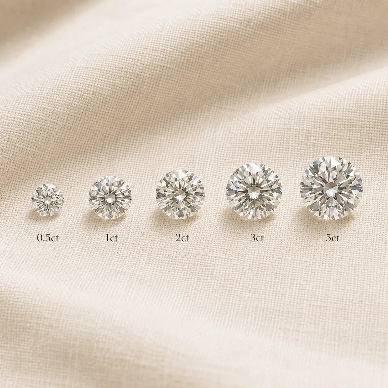 Diamonds shown at 1, 2, 3, 4, and 5 carat sizes for visual comparison at ATL Luxury Jewelry Atlanta