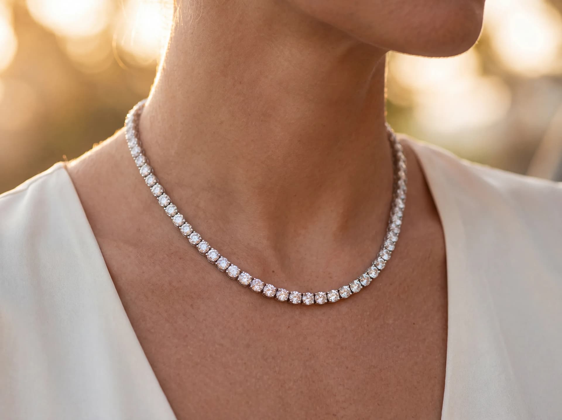 Lab-grown diamond jewelry worn in golden light, ATL Luxury Jewelry, Atlanta