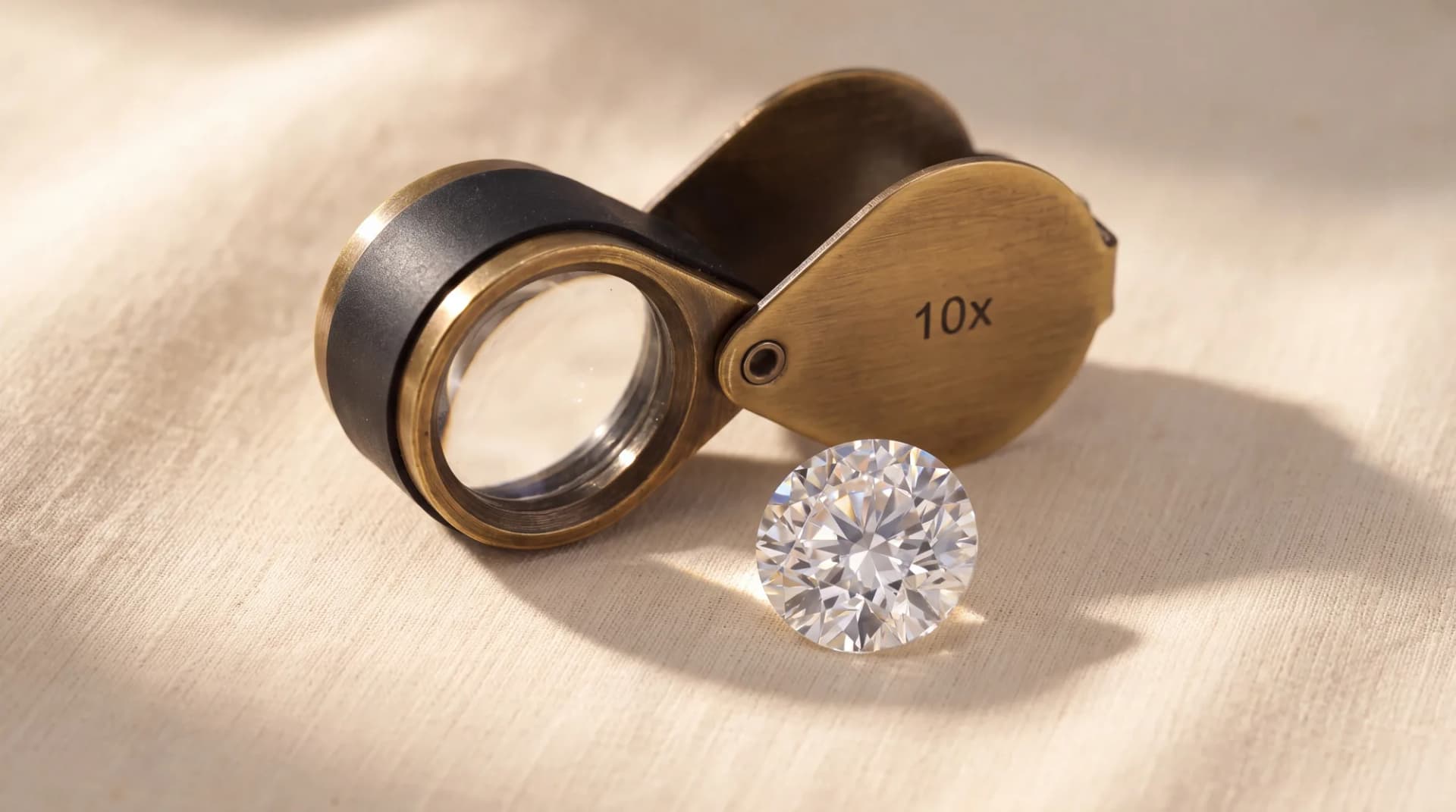 A jeweler's loupe held over a loose diamond.