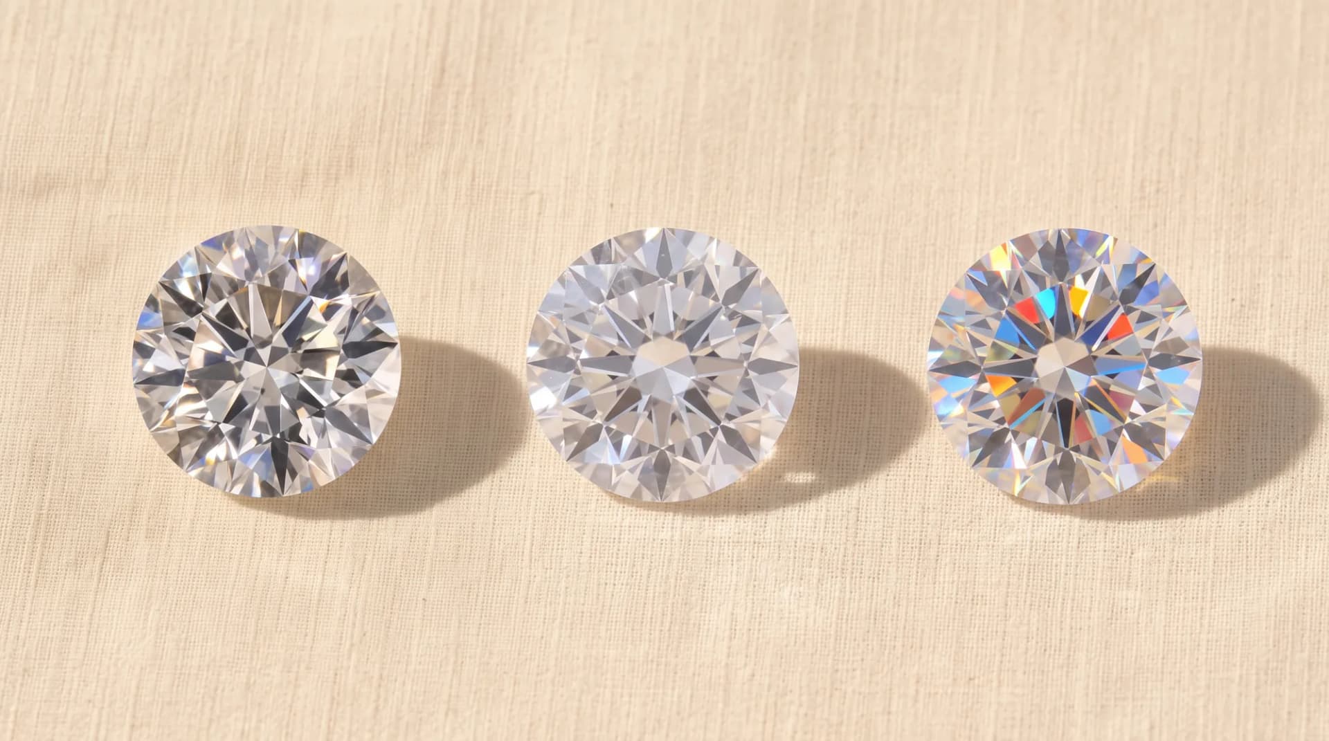 A diamond, a cubic zirconia and a moissanite laid side by side.