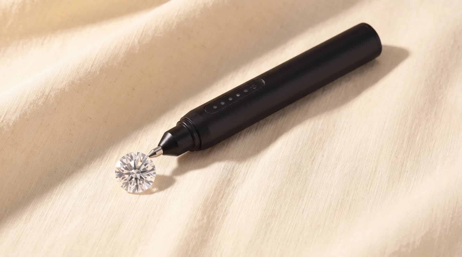 A handheld diamond tester with its probe touching a loose stone.
