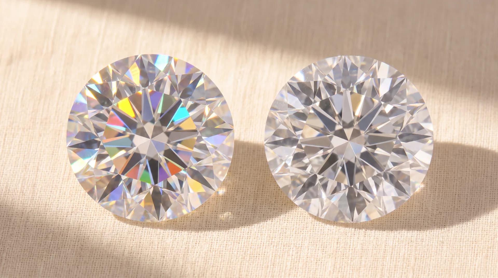 A loose moissanite and a loose diamond under the same light.