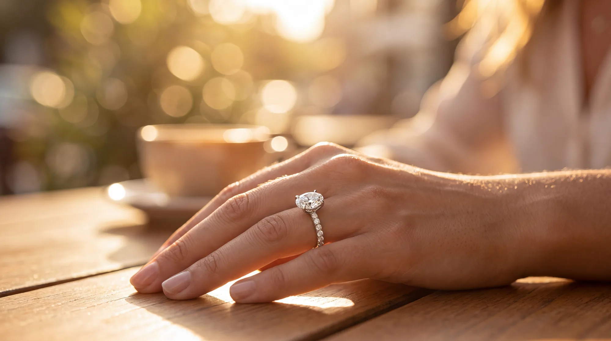A lab-grown diamond ring worn on a hand in golden hour light.