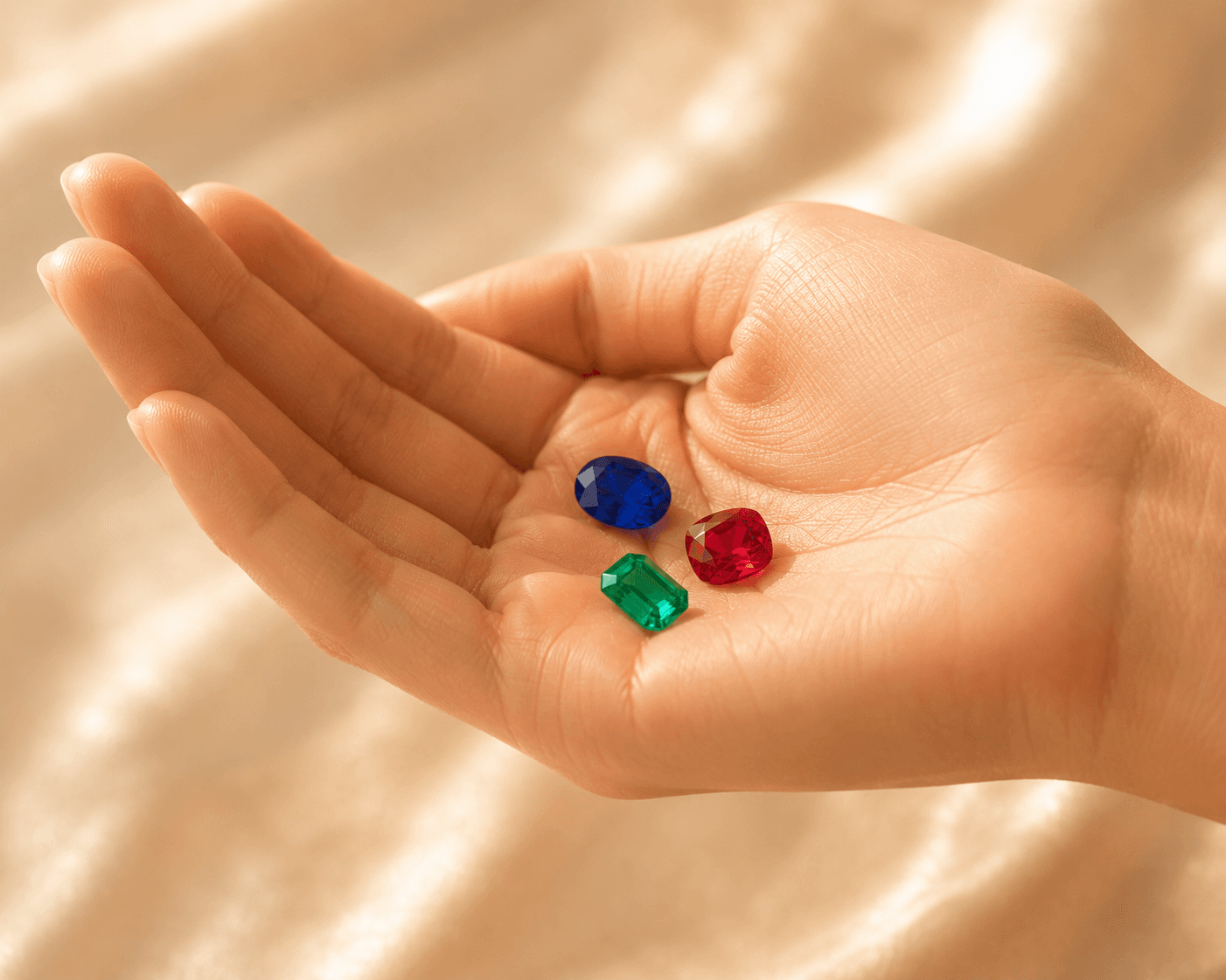 Sapphires, rubies, and emeralds arranged on cream silk
