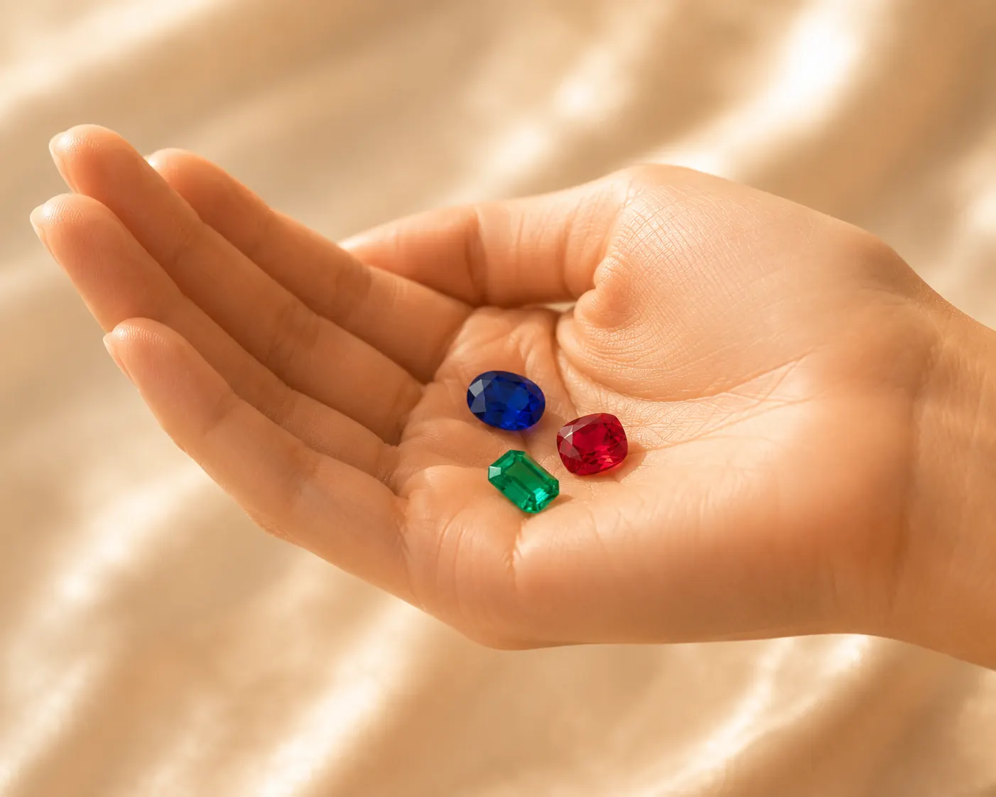Sapphires, rubies, and emeralds arranged on cream silk