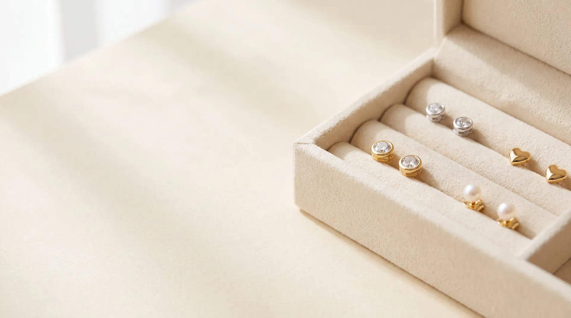 Gold and silver stud earrings, including cubic zirconia, gold heart and pearl styles, laid out in an open cream jewelry box