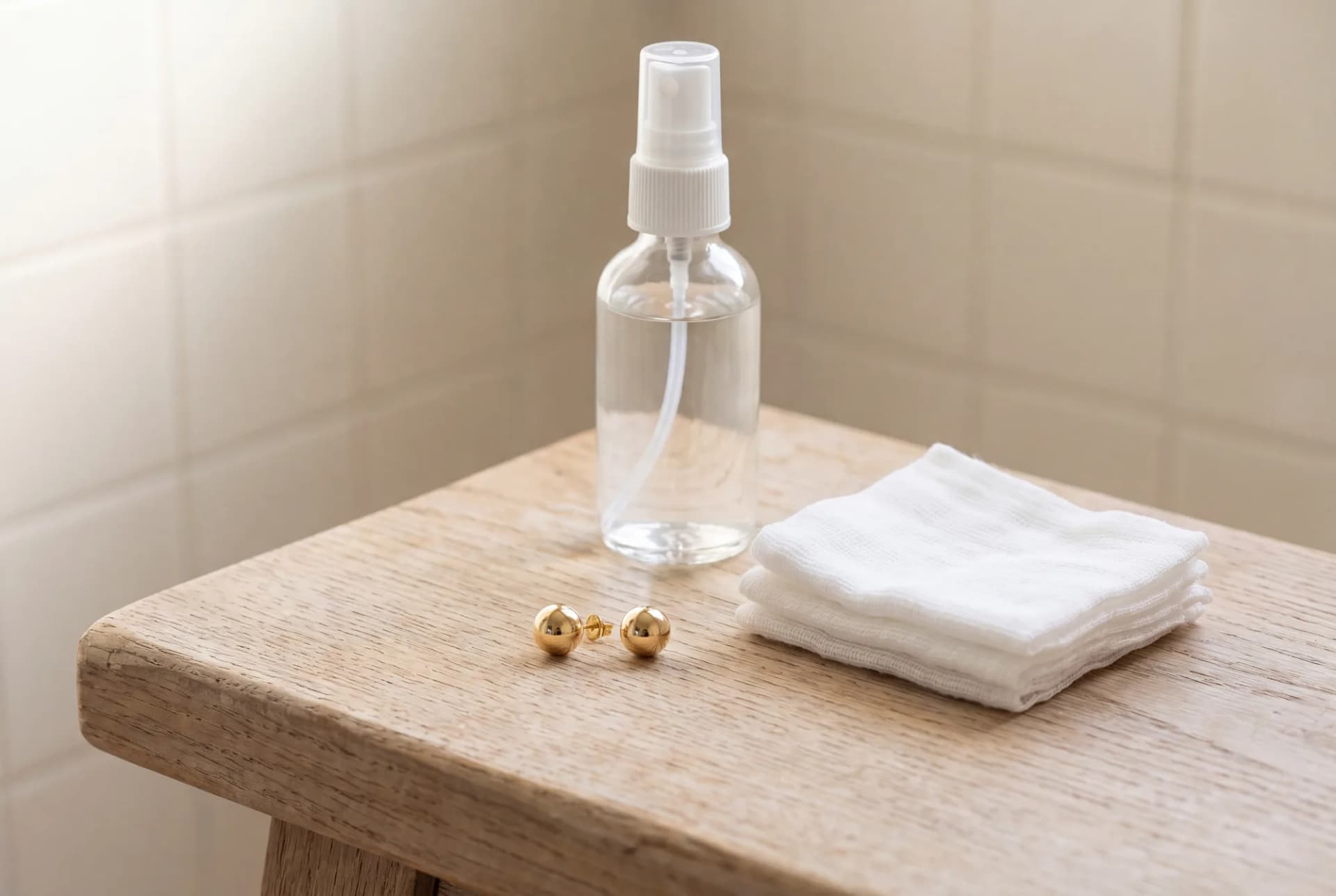 A pair of small gold stud earrings beside a plain spray bottle and folded squares of white gauze on a pale wooden counter
