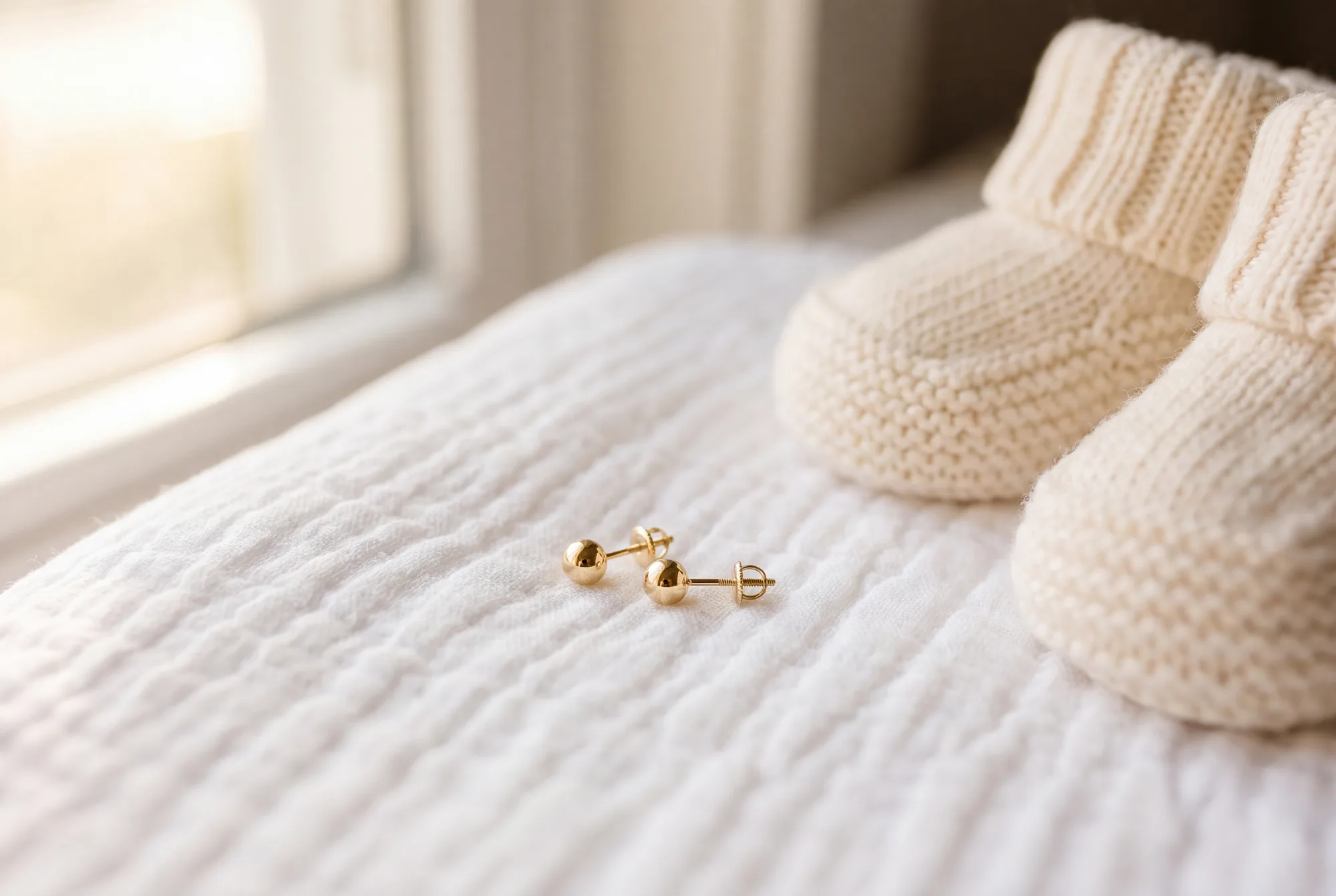 A pair of tiny gold ball stud earrings on a white muslin cloth beside a small knit baby bootie