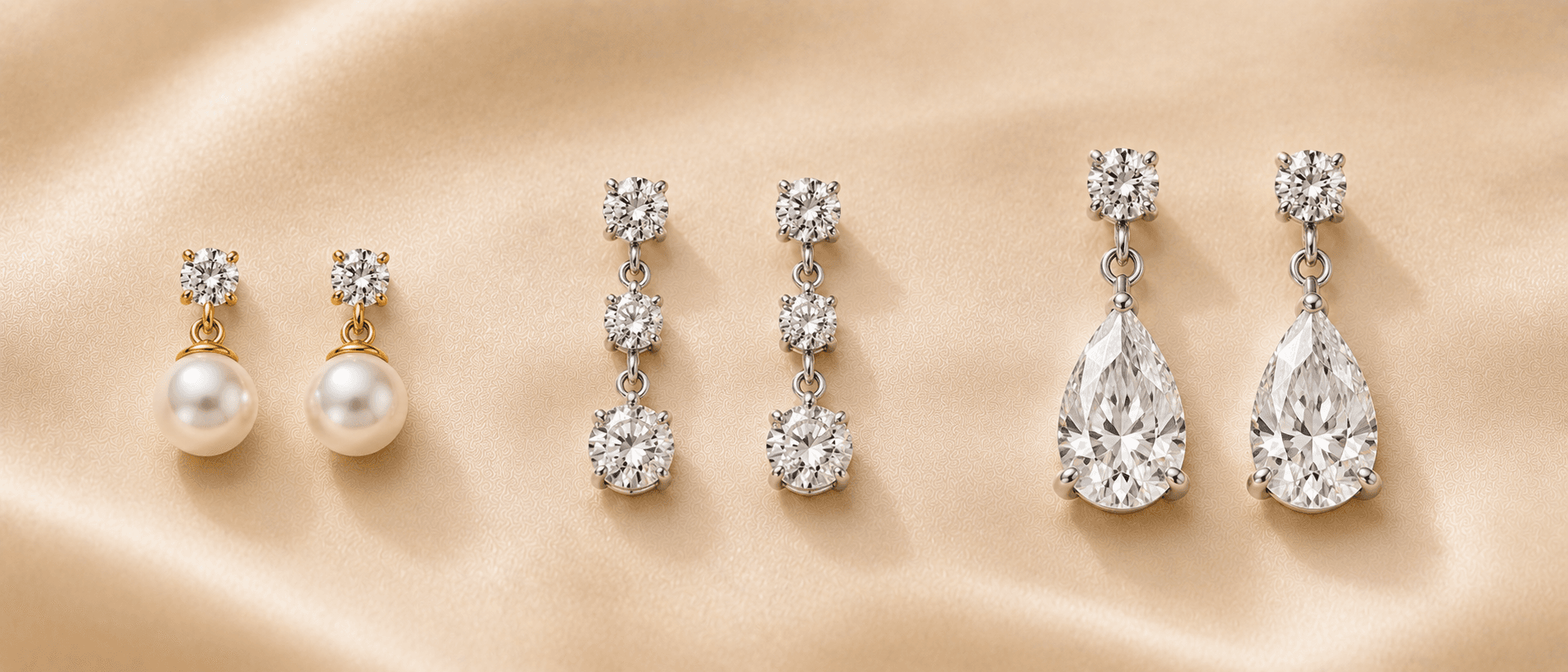 Diamond drop earrings on cream linen at ATL Luxury Jewelers Atlanta