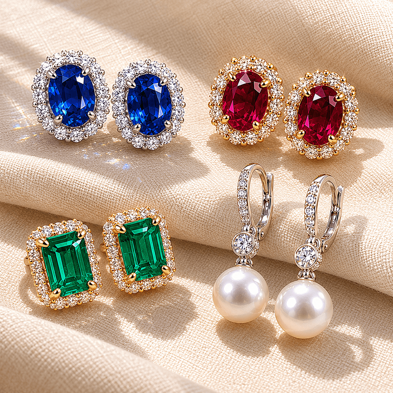 Sapphire earrings, ruby earrings, emerald earrings, and pearl earrings at ATL Luxury Jewelers Atlanta